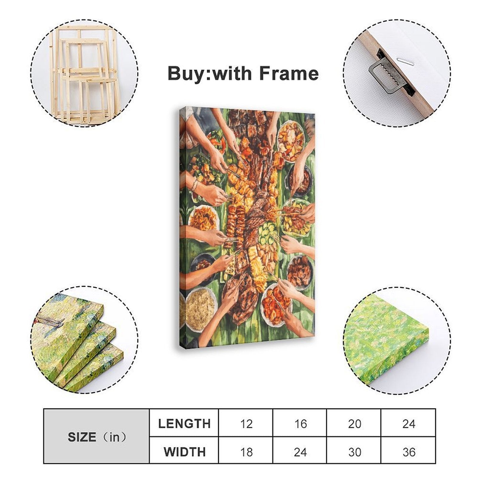 overhead table filled with a colorful shared meal in contemporary food illustration style — Wrapped Canvas SIZE_GUIDE
