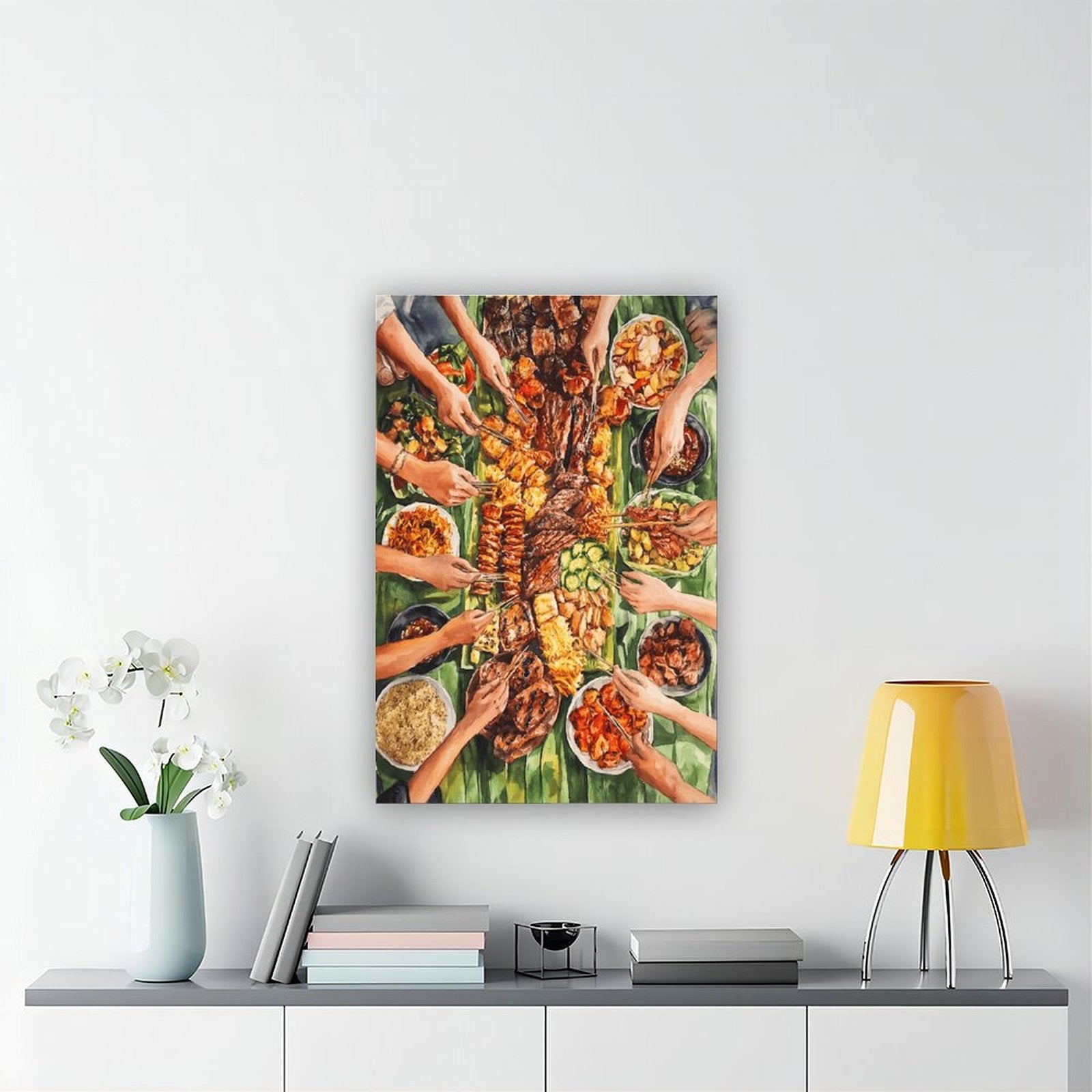 overhead table filled with a colorful shared meal in contemporary food illustration style — Wrapped Canvas SCENE_04