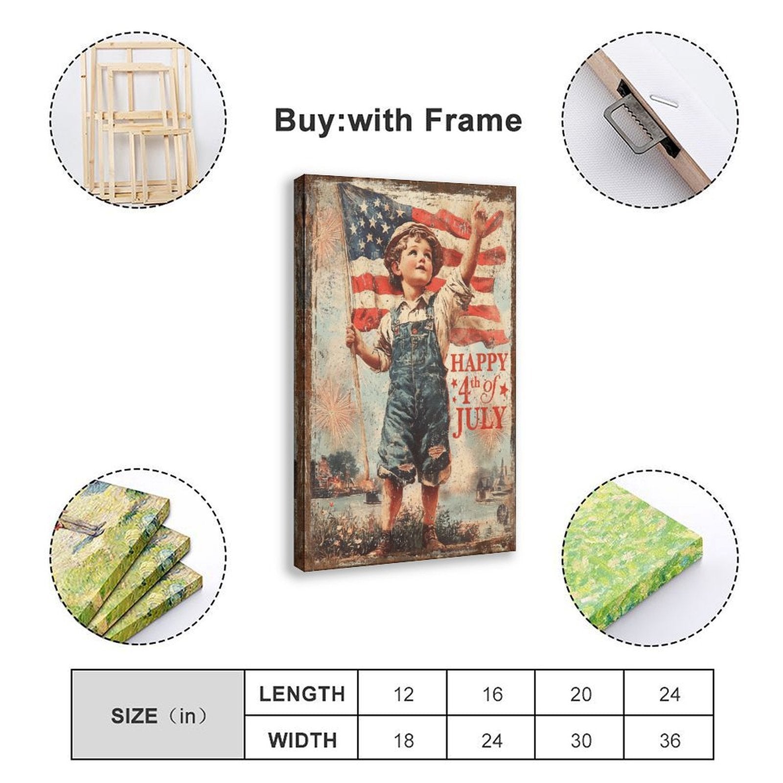 vintage patriotic boy holding an American flag in vintage illustration style — Wrapped Canvas SIZE_GUIDE