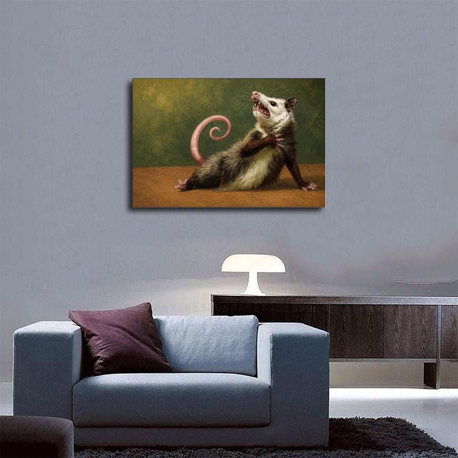hissing opossum with a curled pink tail in olive green, brown, cream tones — Wrapped Canvas SCENE_03