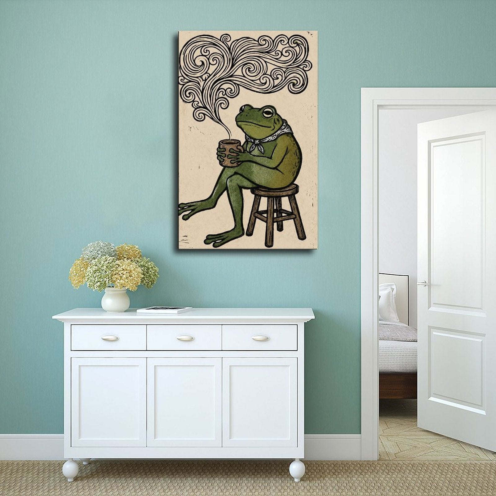 frog seated on a stool holding a steaming cup in forest green, black, cream tones — Wrapped Canvas SCENE_02