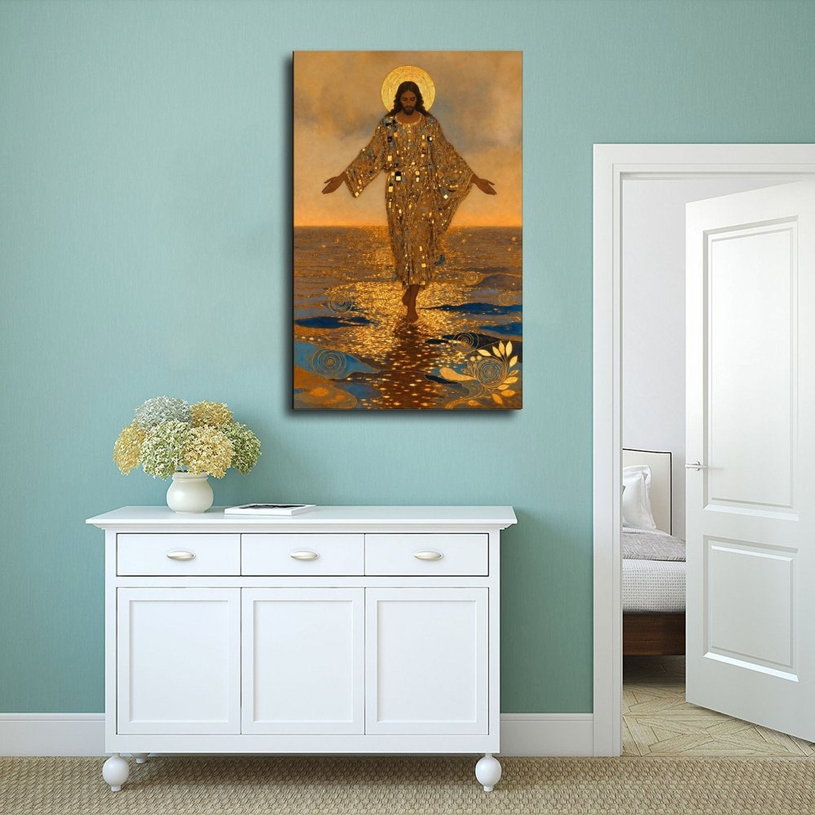 haloed sacred figure walking across reflective water in gold, deep blue, warm brown tones — Wrapped Canvas SCENE_02