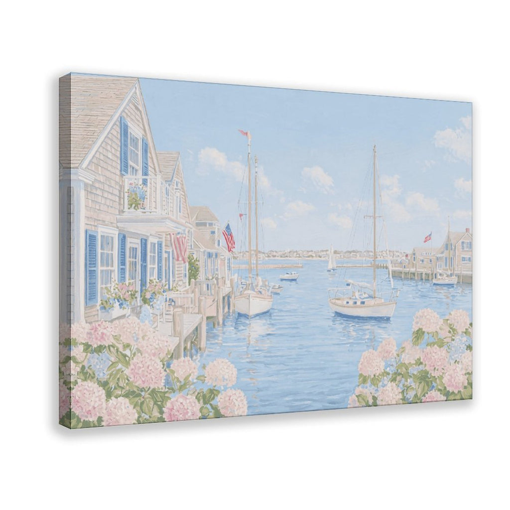 pastel coastal harbor village with boats in coastal landscape painting style — Wrapped Canvas HERO