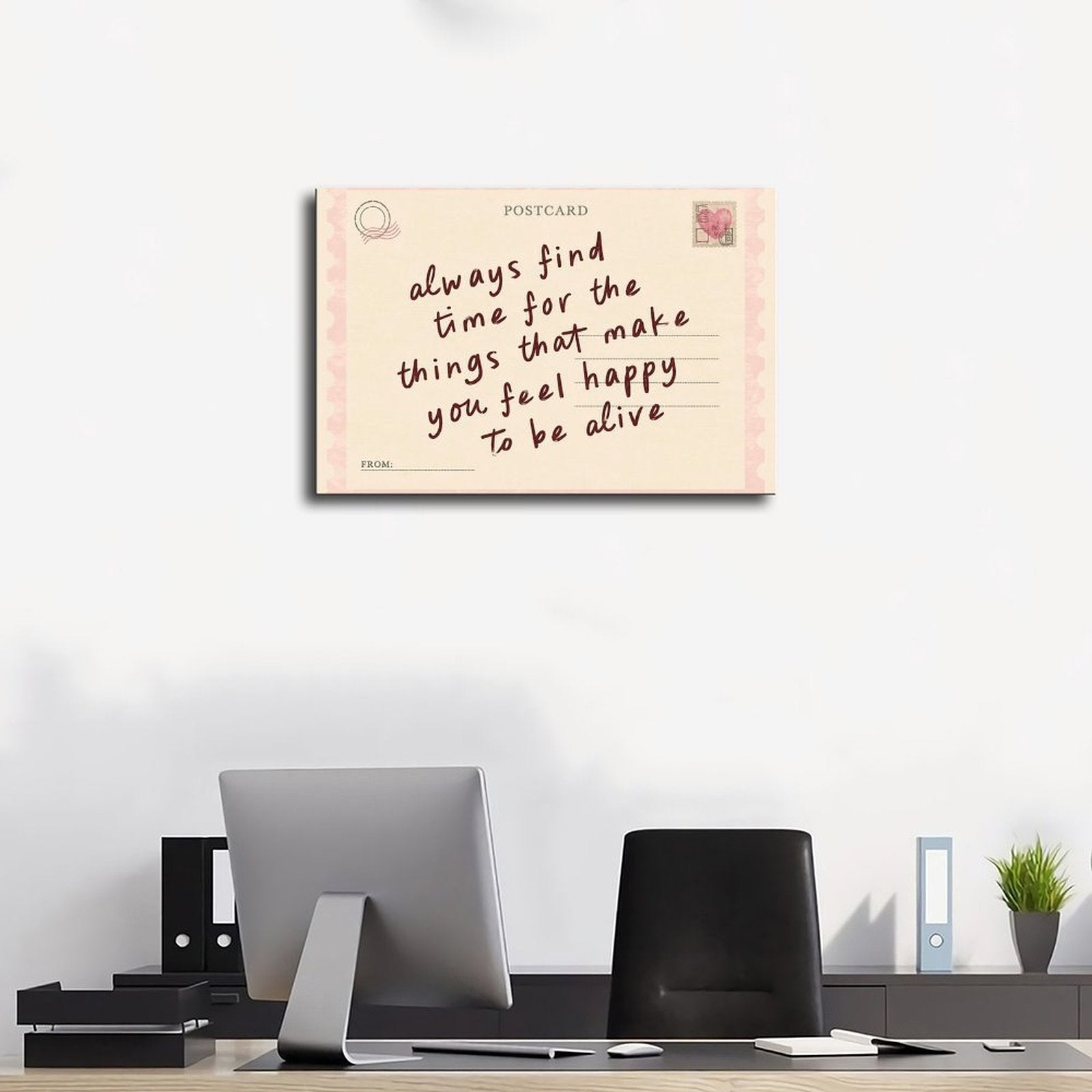 handwritten uplifting quote on a pink vintage postcard in pink, cream, burgundy tones — Wrapped Canvas SCENE_01