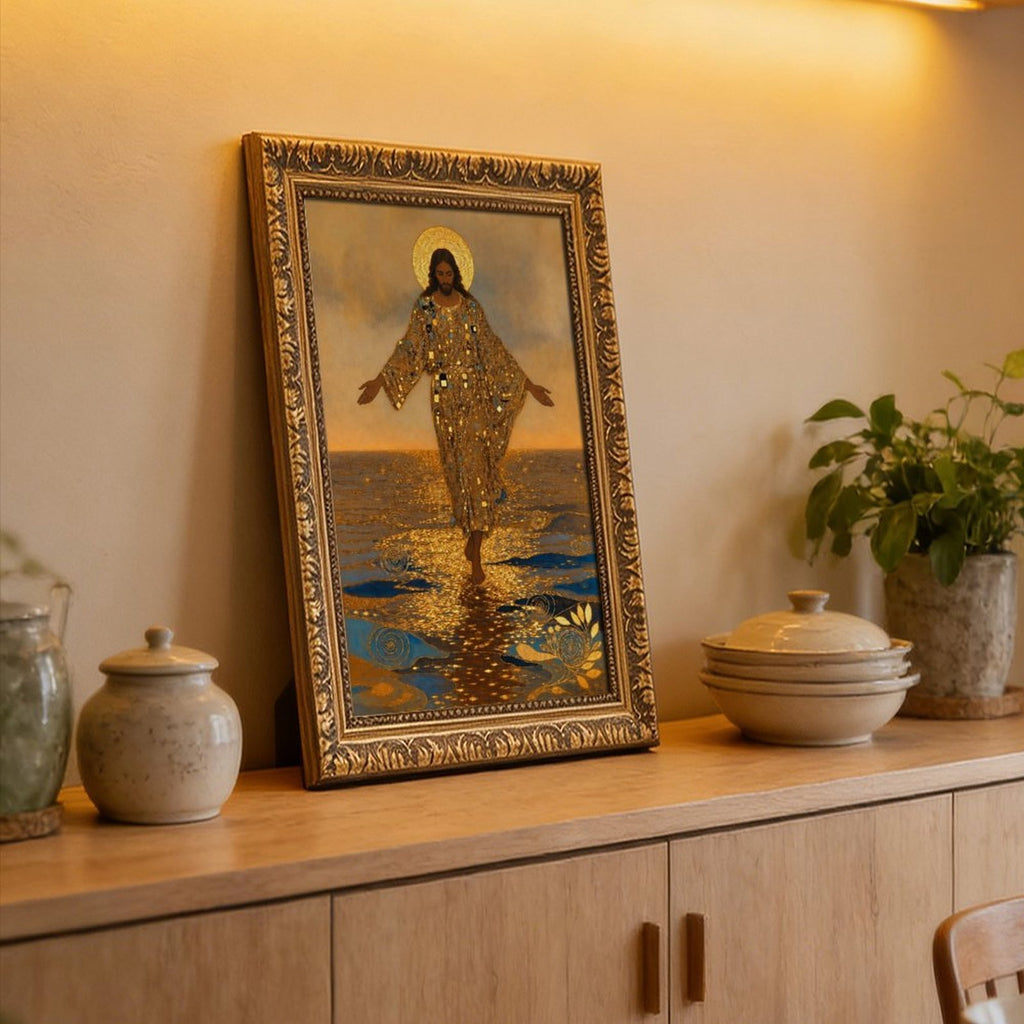 haloed sacred figure walking across reflective water in gold, deep blue, warm brown tones — Vintage Gold Frame SCENE_04