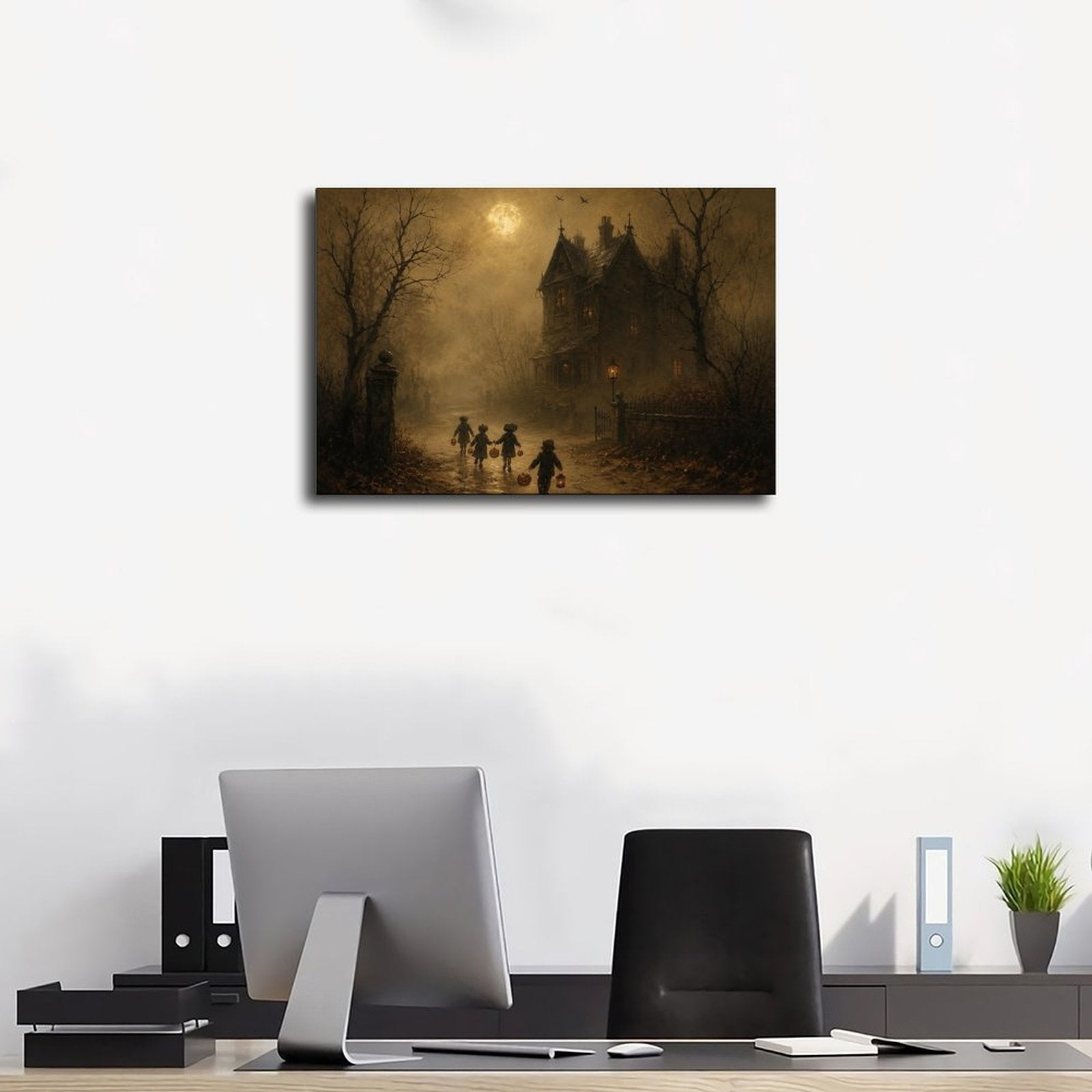 children in Halloween costumes walking toward a haunted house in sepia, black, amber tones — Wrapped Canvas SCENE_01