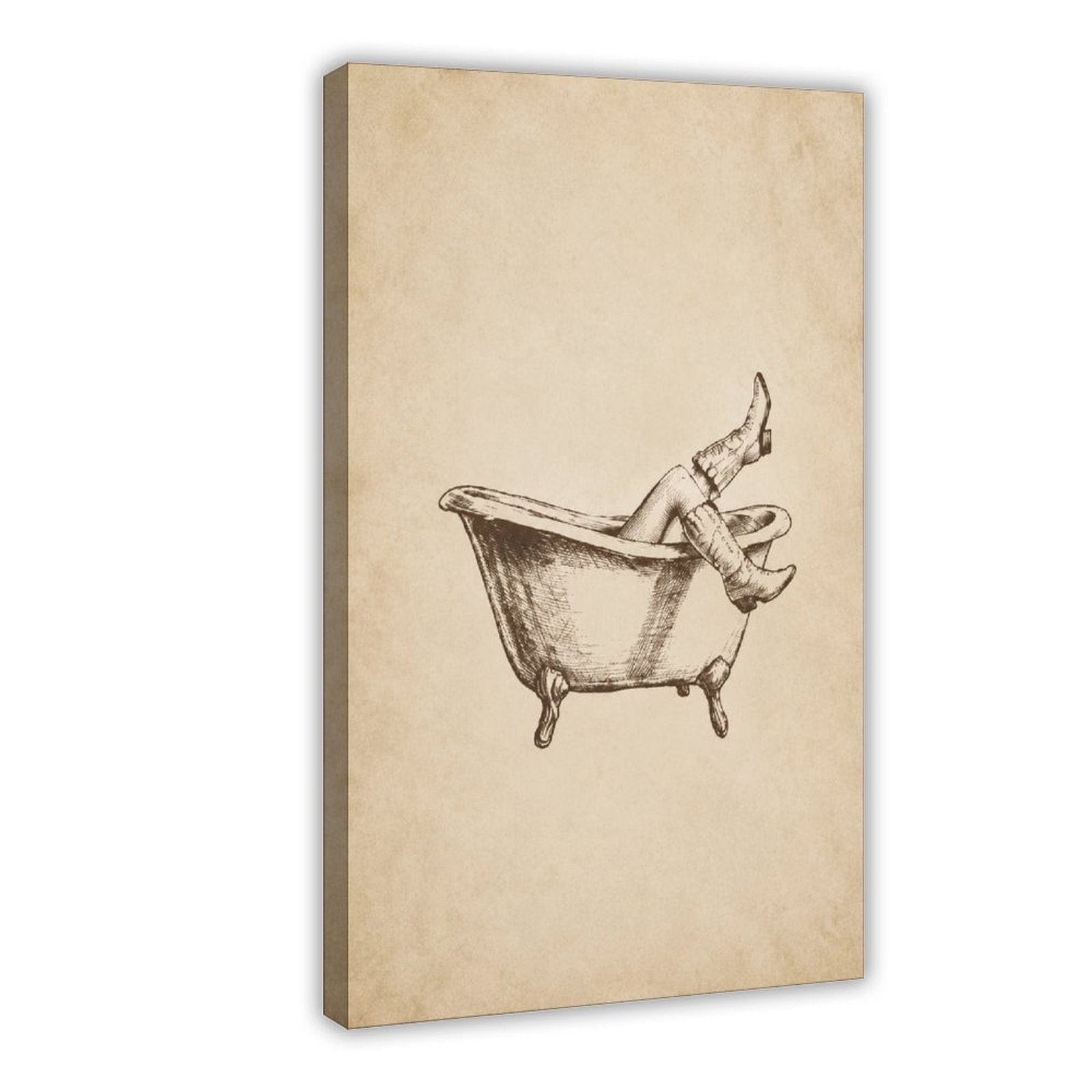 relaxed figure lounging in a clawfoot bathtub with legs raised in sepia, warm cream tones — Wrapped Canvas HERO