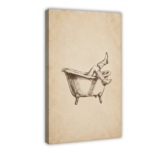 relaxed figure lounging in a clawfoot bathtub with legs raised in sepia, warm cream tones — Wrapped Canvas HERO