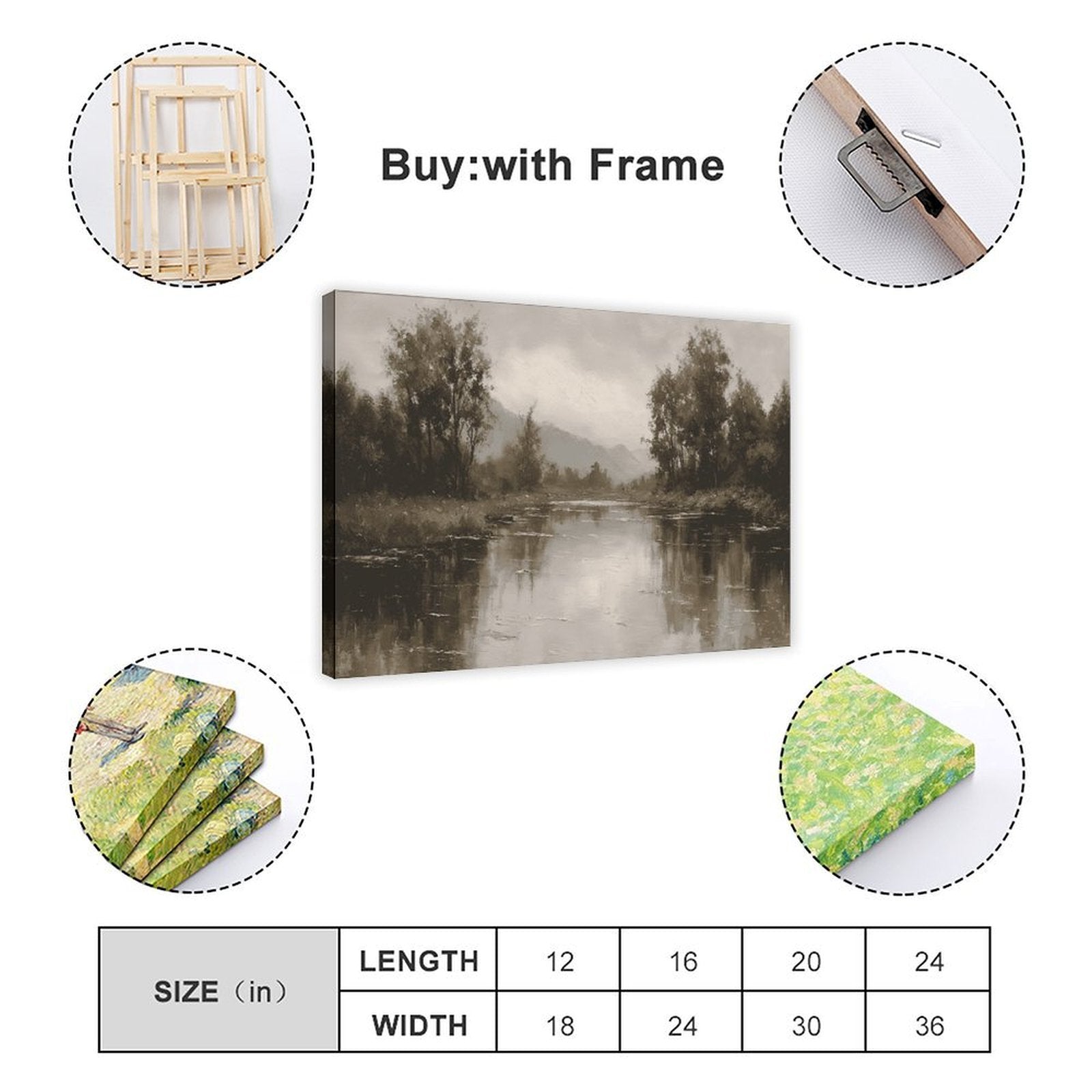 quiet river bend with tree-lined banks in landscape painting style — Wrapped Canvas SIZE_GUIDE