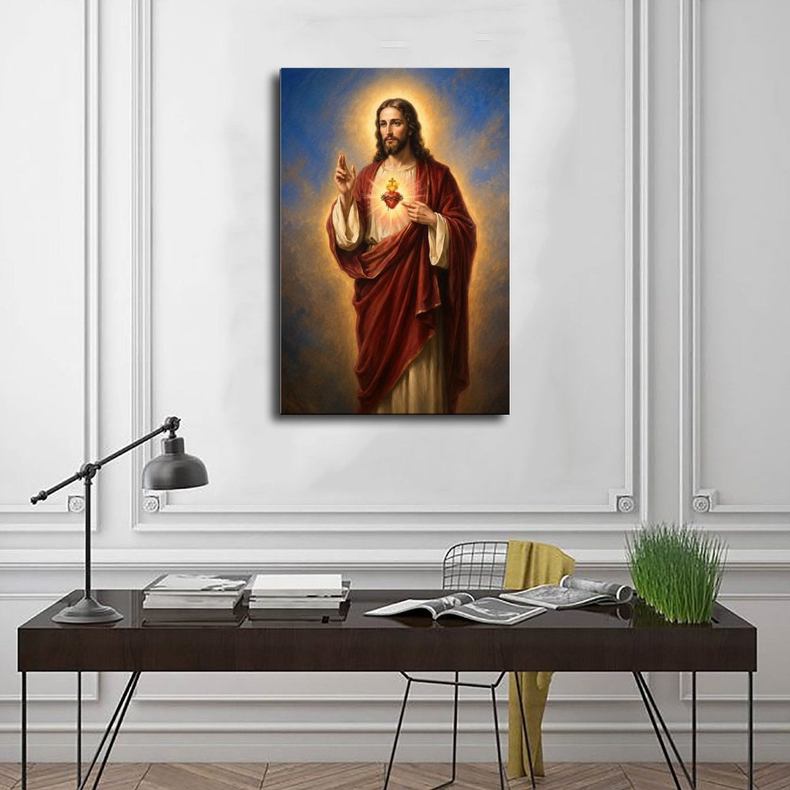 haloed sacred figure displaying a radiant heart symbol in red, cream, gold tones — Wrapped Canvas SCENE_01