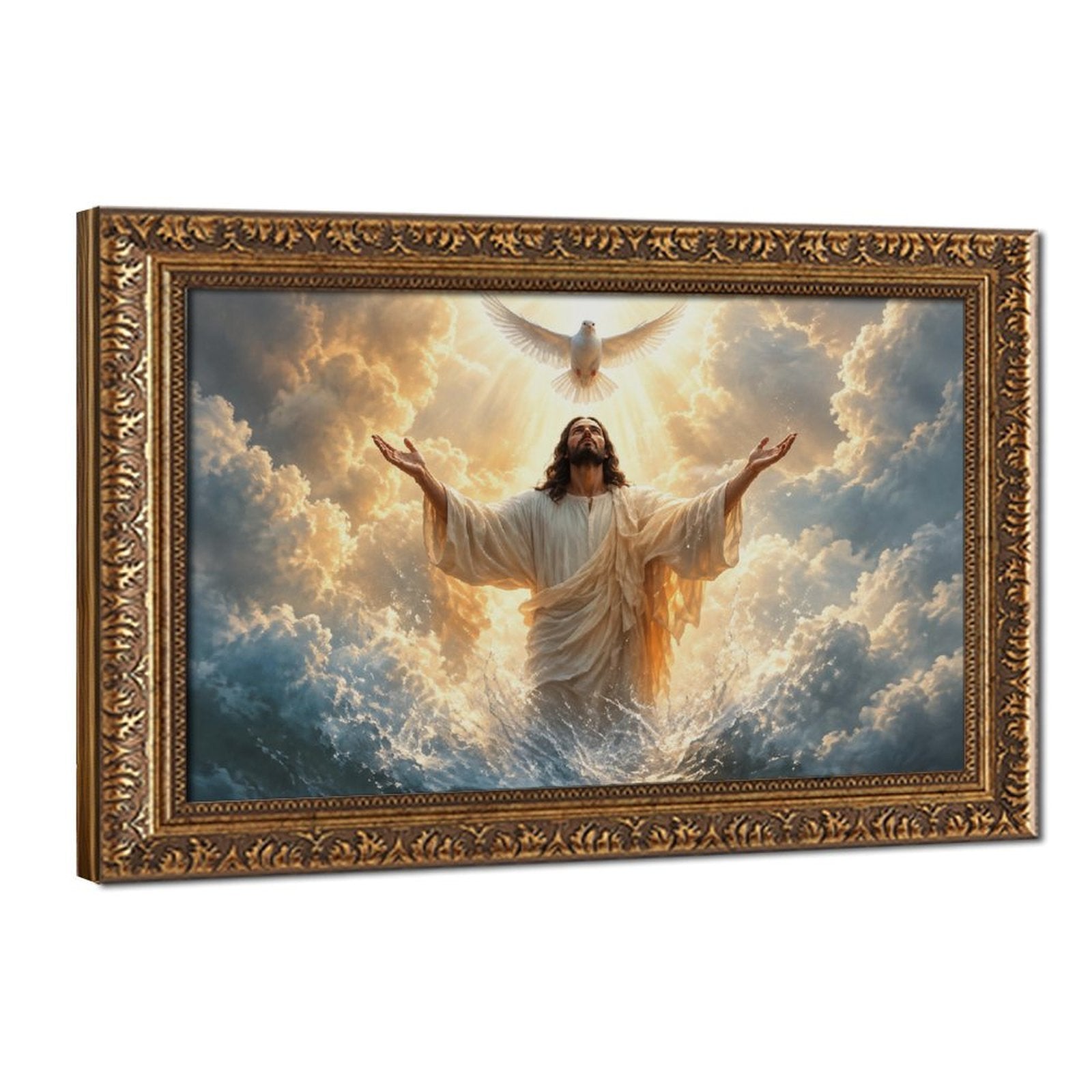 Robed sacred figure with raised arms beneath a white dove in golden clouds and light — Vintage Gold Frame HERO