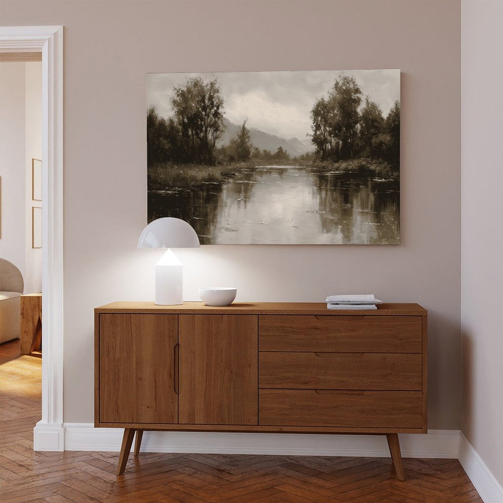 quiet river bend with tree-lined banks in landscape painting style — Wrapped Canvas SCENE_04