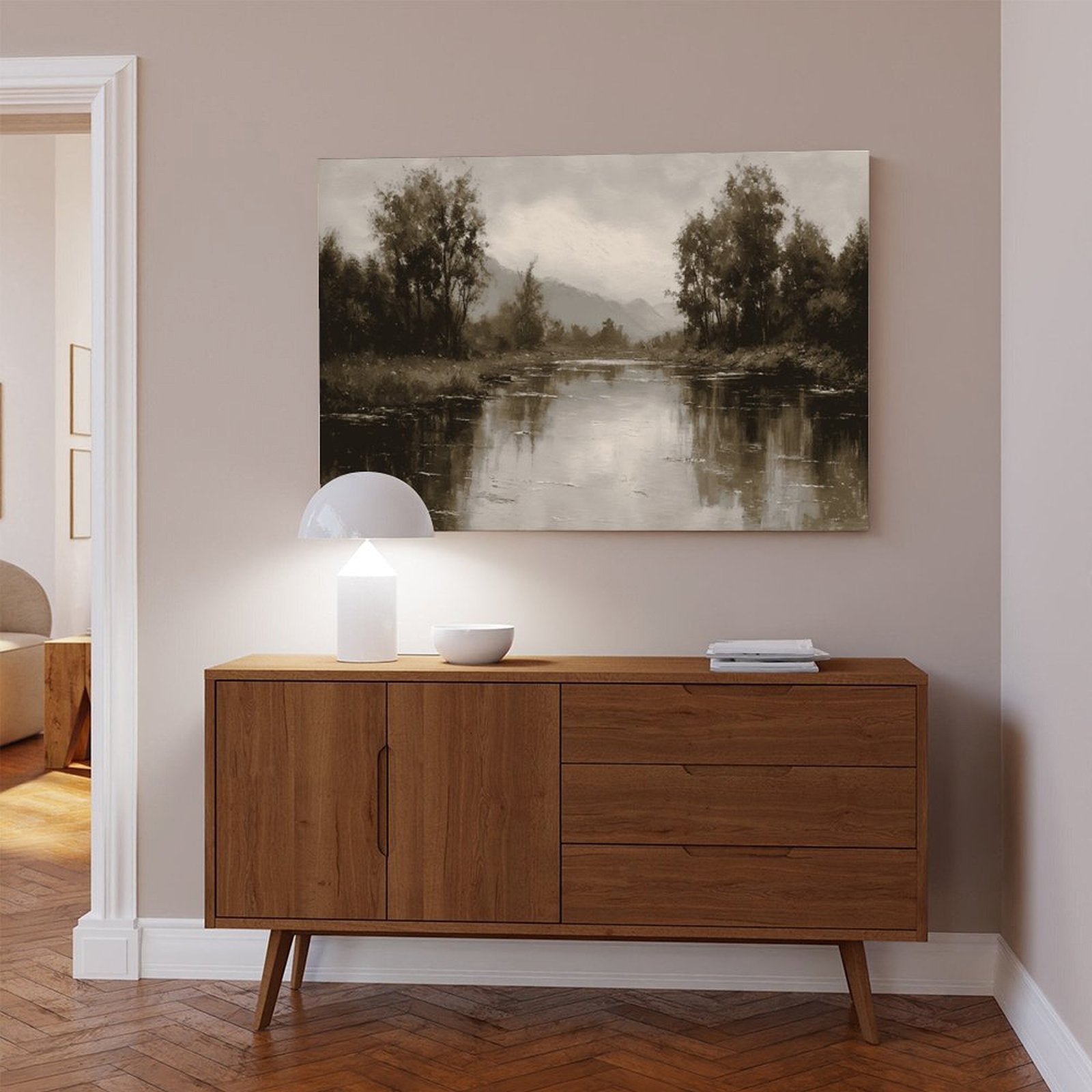 quiet river bend with tree-lined banks in landscape painting style — Wrapped Canvas SCENE_04