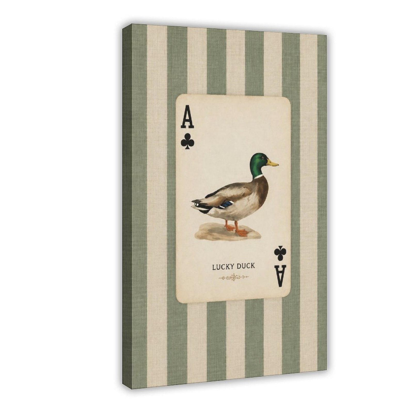 mallard duck illustrated as an ace playing card in sage green, cream, black tones — Wrapped Canvas HERO