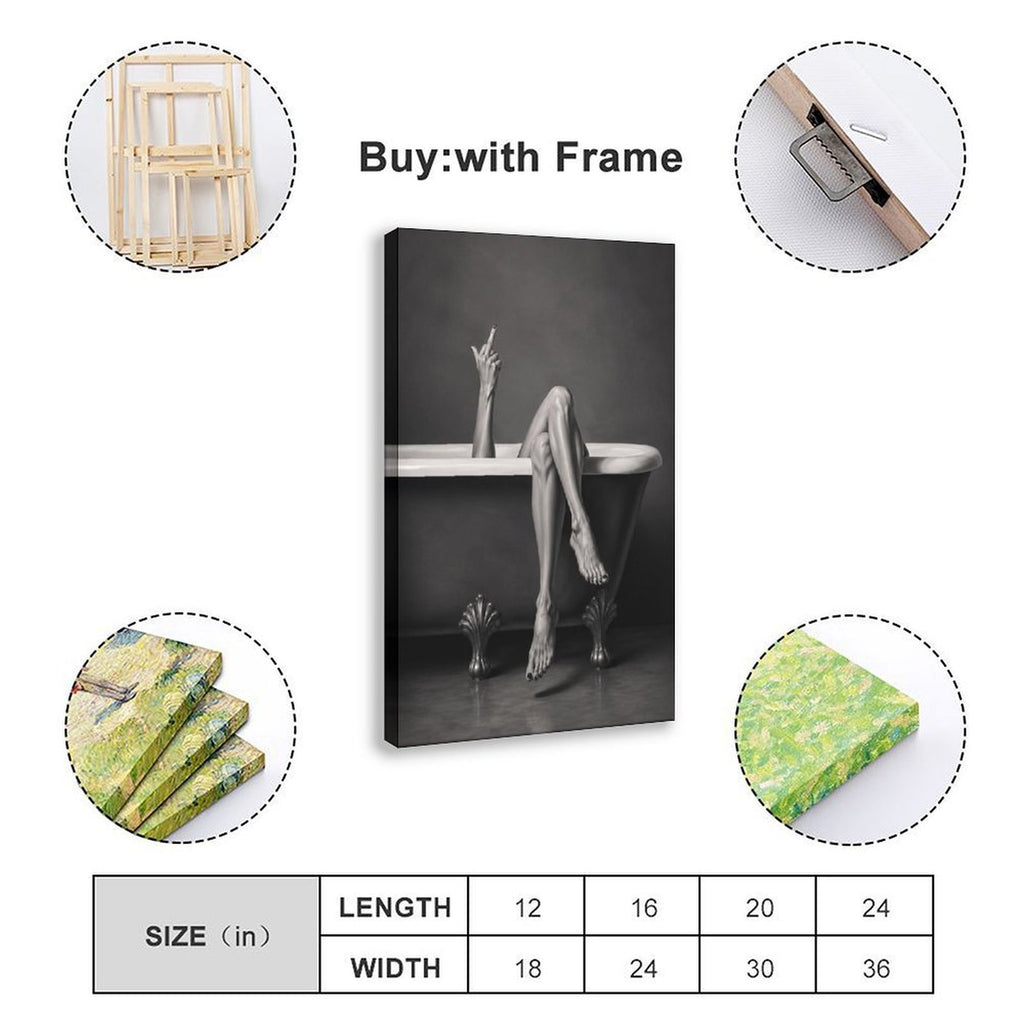 Black-and-white artwork of a clawfoot bathtub with crossed legs and a raised defiant hand gesture — Wrapped Canvas SIZE_GUIDE