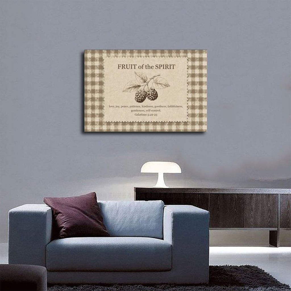 Fruit of the Spirit scripture typography with berry illustration in taupe, cream, brown tones — Wrapped Canvas SCENE_03