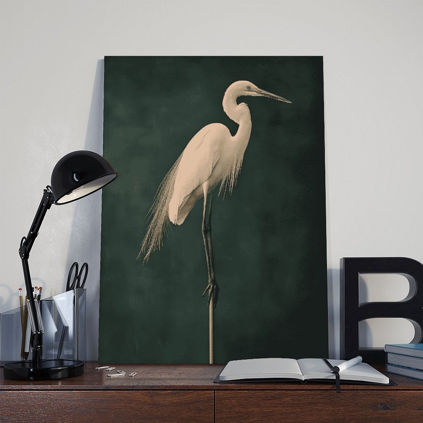 white heron standing against a deep green background in minimalist animal art style — Wrapped Canvas SCENE_06