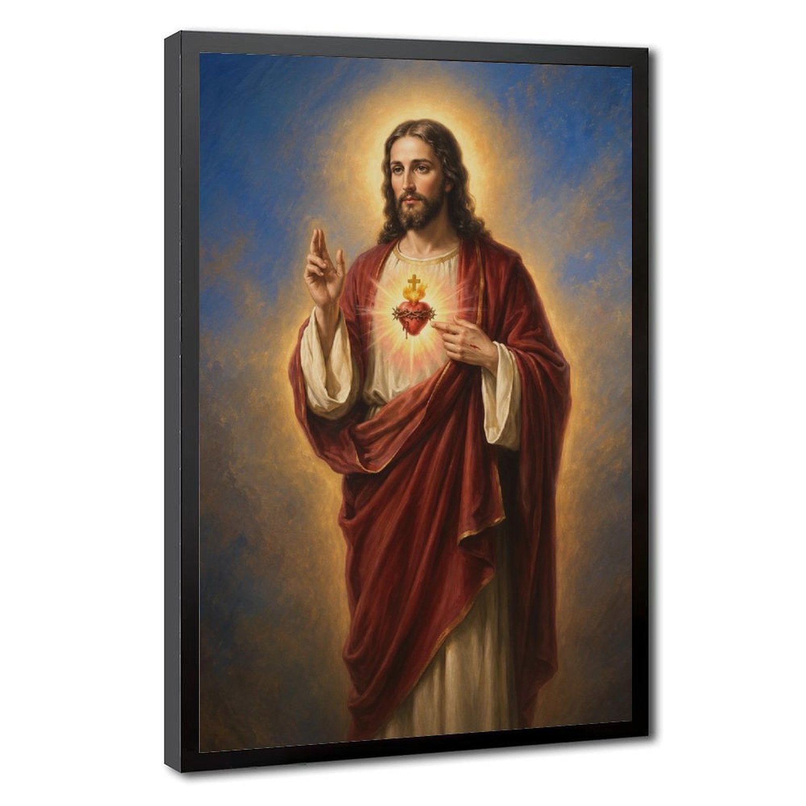 haloed sacred figure displaying a radiant heart symbol in red, cream, gold tones — Black Frame HERO