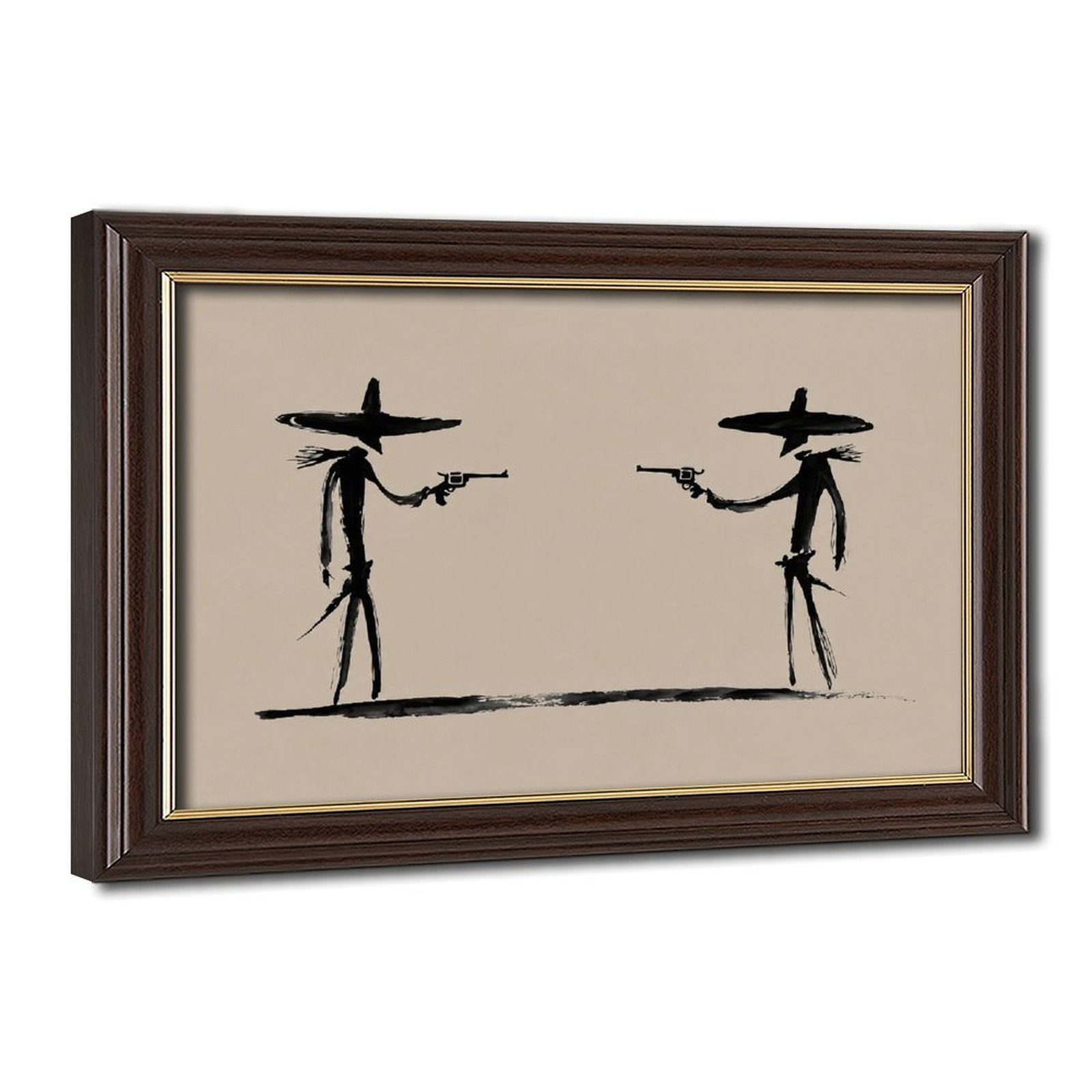 two stylized cowboys facing each other with revolvers in black, warm cream tones — Wood Grain Gold Frame HERO