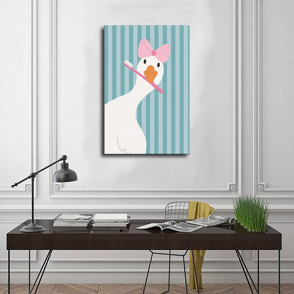 white duck with a pink bow holding a toothbrush in sky blue, white, pink tones — Wrapped Canvas SCENE_01
