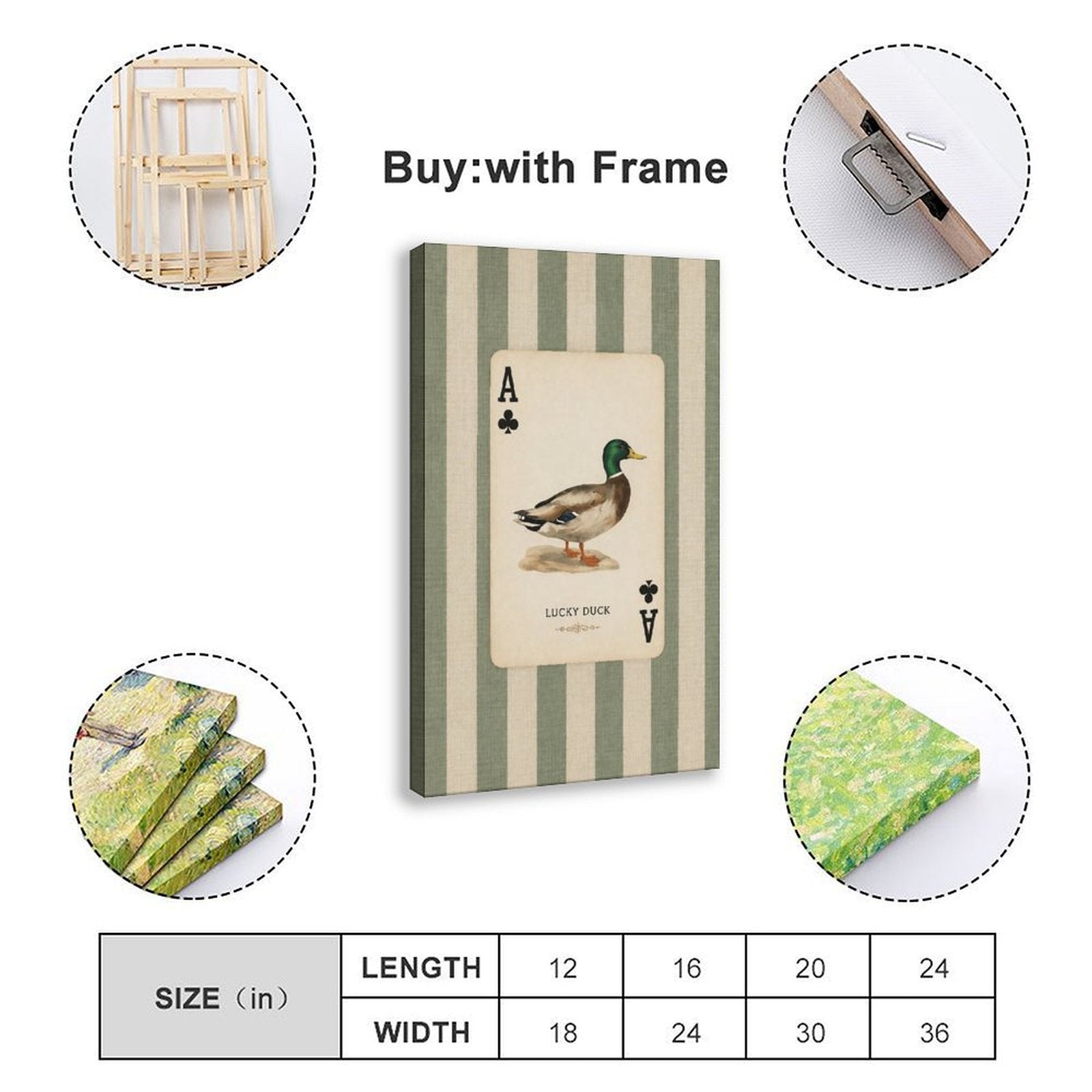 mallard duck illustrated as an ace playing card in sage green, cream, black tones — Wrapped Canvas SIZE_GUIDE