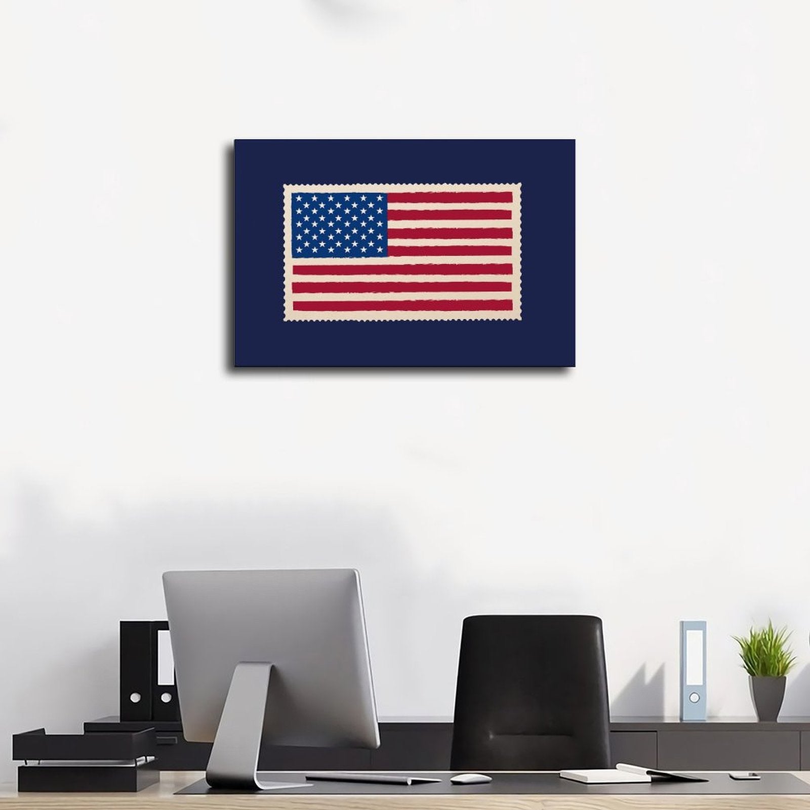 American flag motif on a navy blue field in graphic poster art style — Wrapped Canvas SCENE_01