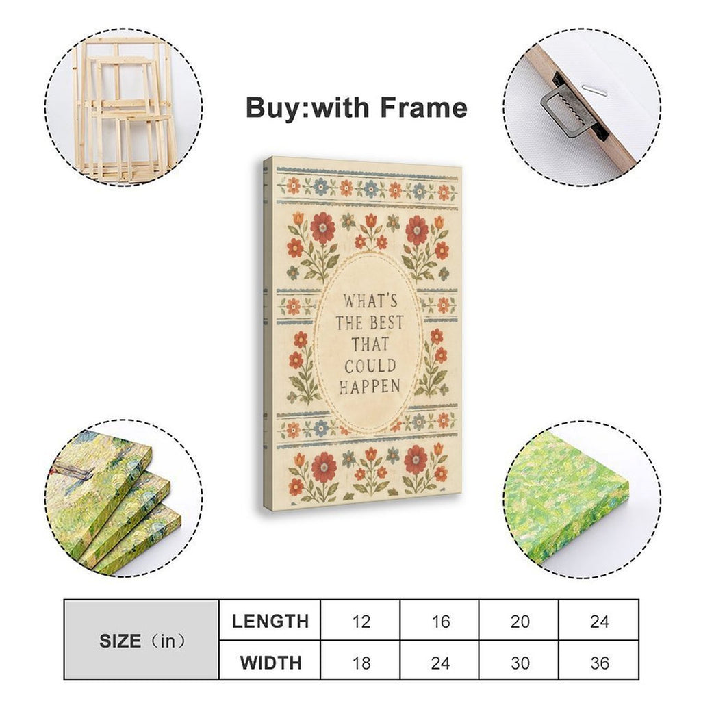 muted floral folk-art border around optimistic typography in rust, dusty blue, olive green tones — Wrapped Canvas SIZE_GUIDE