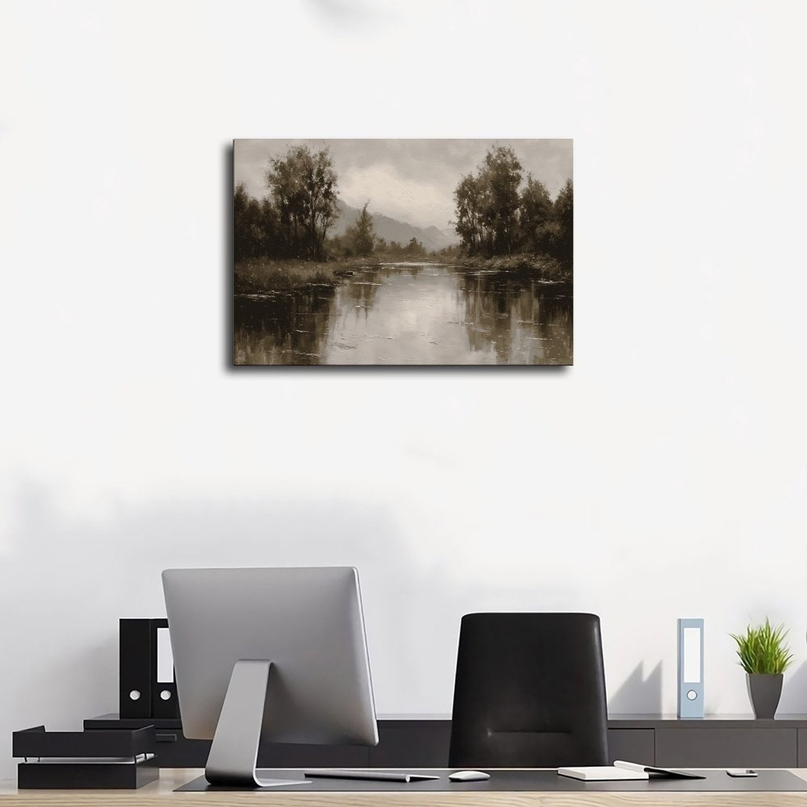 quiet river bend with tree-lined banks in landscape painting style — Wrapped Canvas SCENE_01