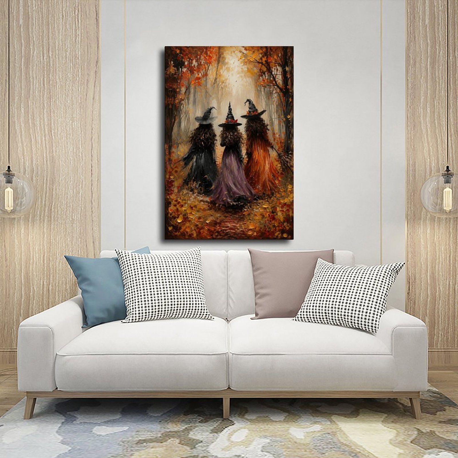 three witches walking through an autumn forest in orange, black, purple tones — Wrapped Canvas SCENE_03