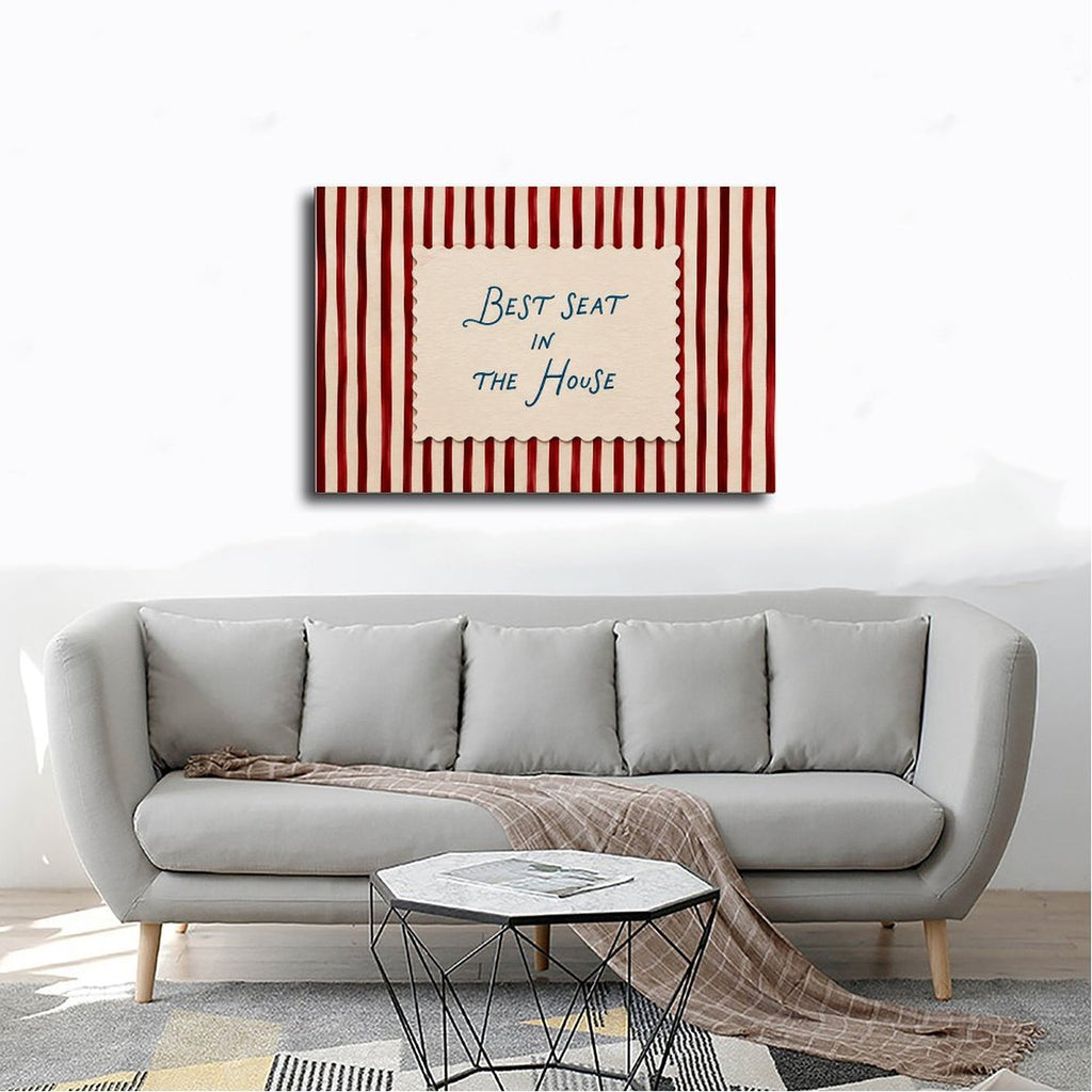 blue handwritten phrase on red striped background in red, cream, blue tones — Wrapped Canvas SCENE_02