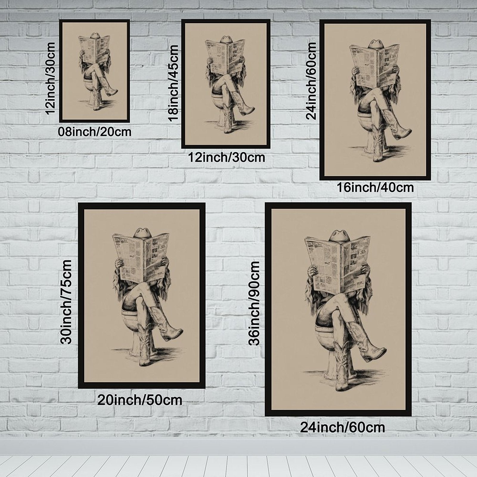 cowboy seated on a toilet reading a newspaper in black, warm cream tones — Black Frame SIZE_GUIDE