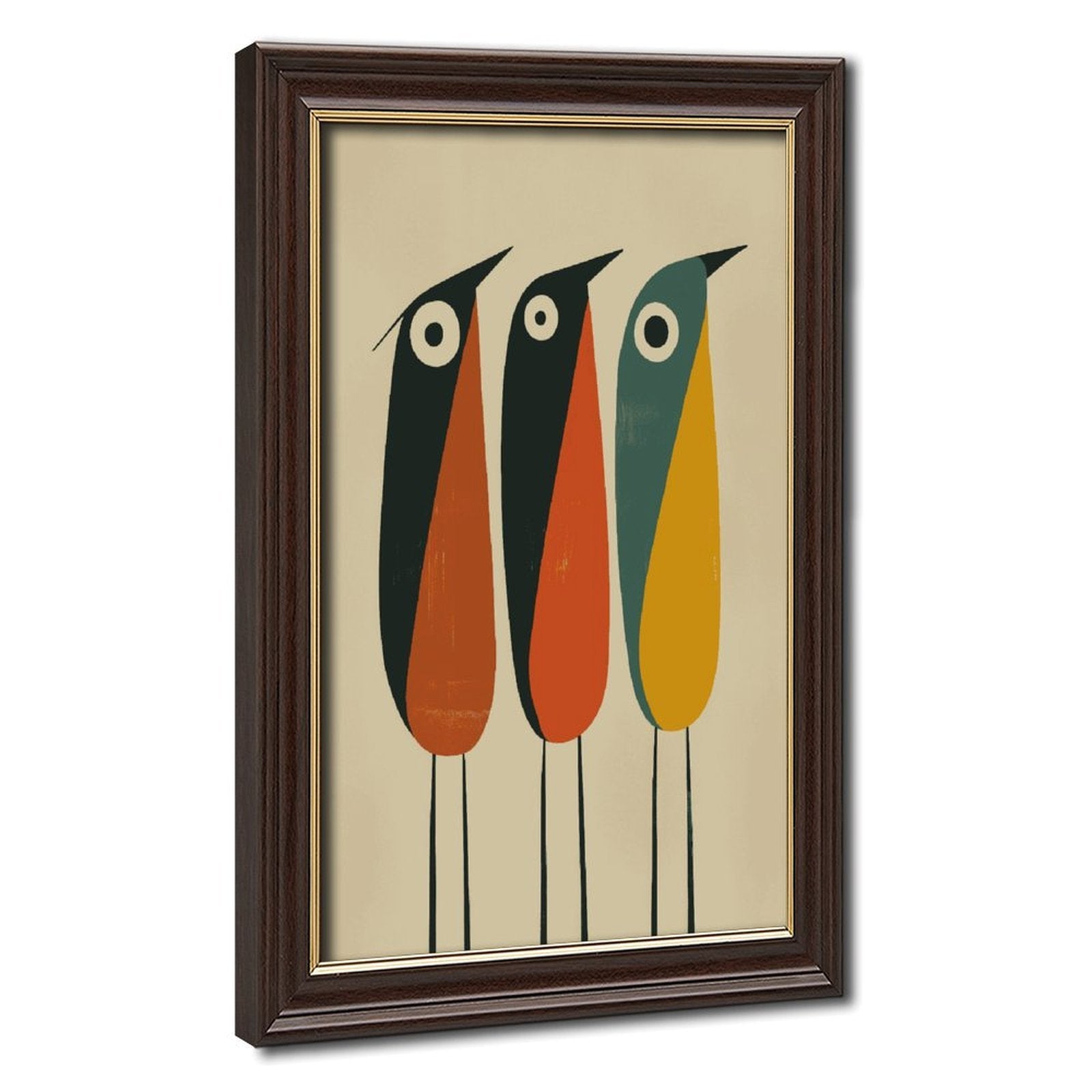 three stylized long-beaked birds in geometric illustration style — Wood Grain Gold Frame HERO