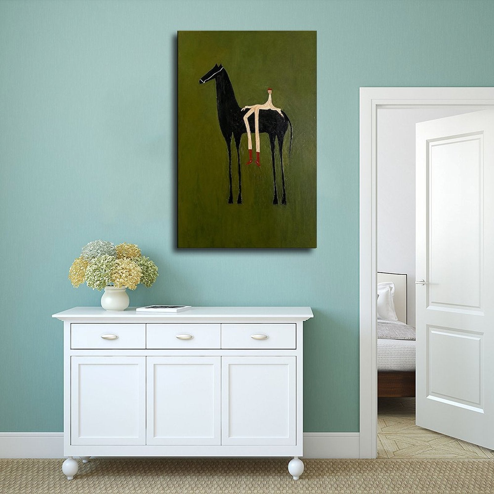 Stylized black horse with an elongated seated rider on an olive green background — Wrapped Canvas SCENE_02