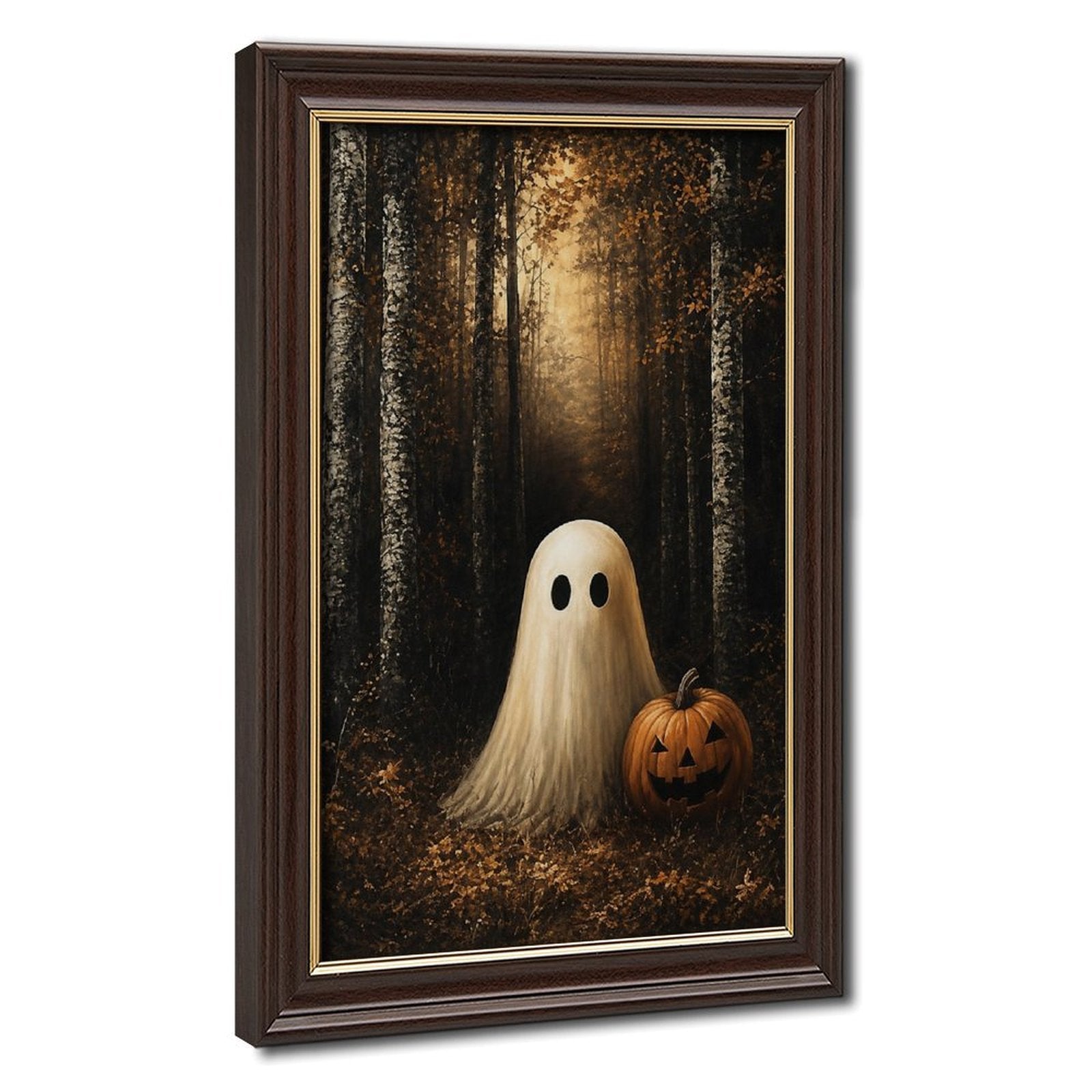 sheet ghost beside a carved pumpkin in an autumn forest in black, amber, cream tones — Wood Grain Gold Frame HERO