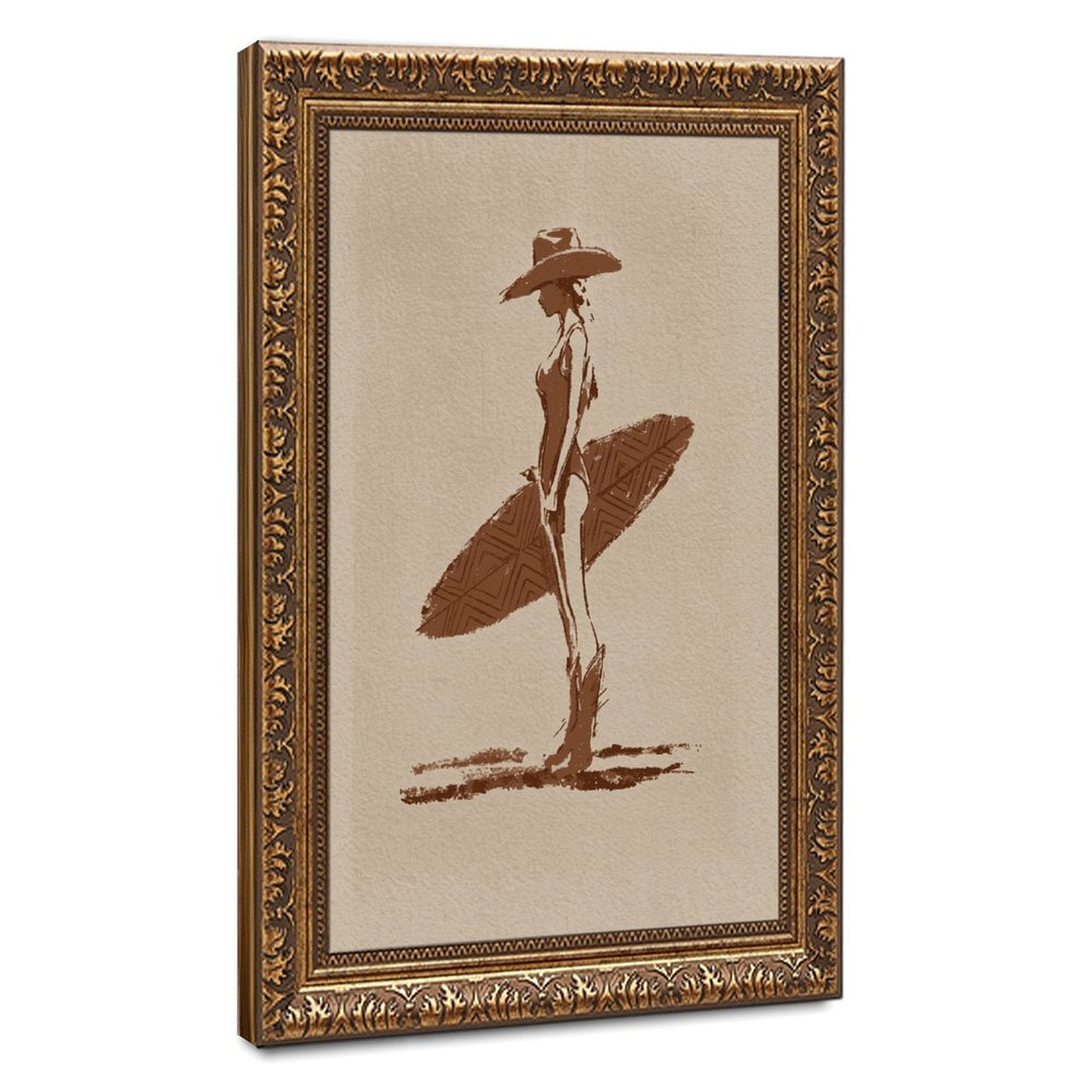 stylized seated woman with oversized botanical leaves in minimalist figurative art style — Vintage Gold Frame HERO
