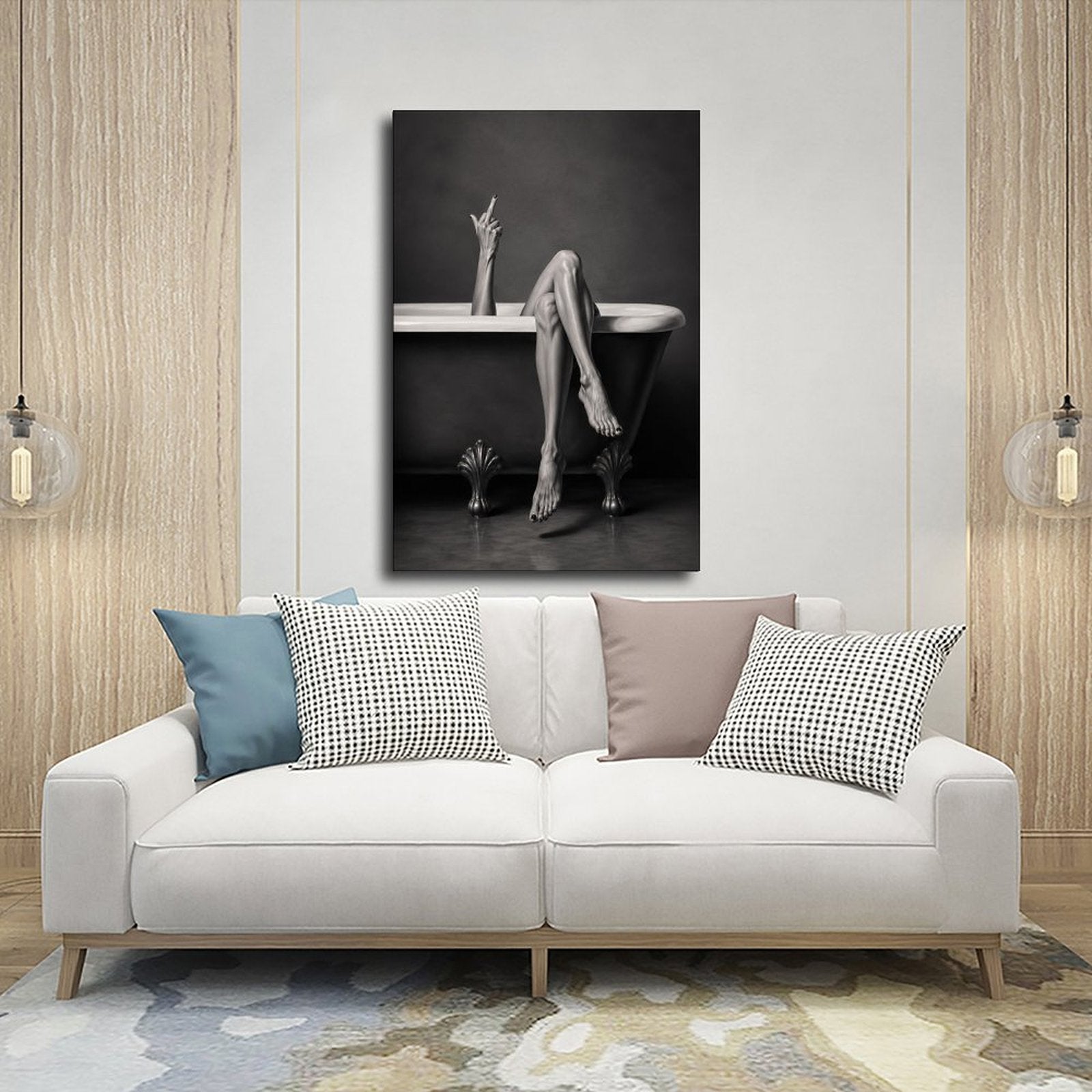 Black-and-white artwork of a clawfoot bathtub with crossed legs and a raised defiant hand gesture — Wrapped Canvas SCENE_03