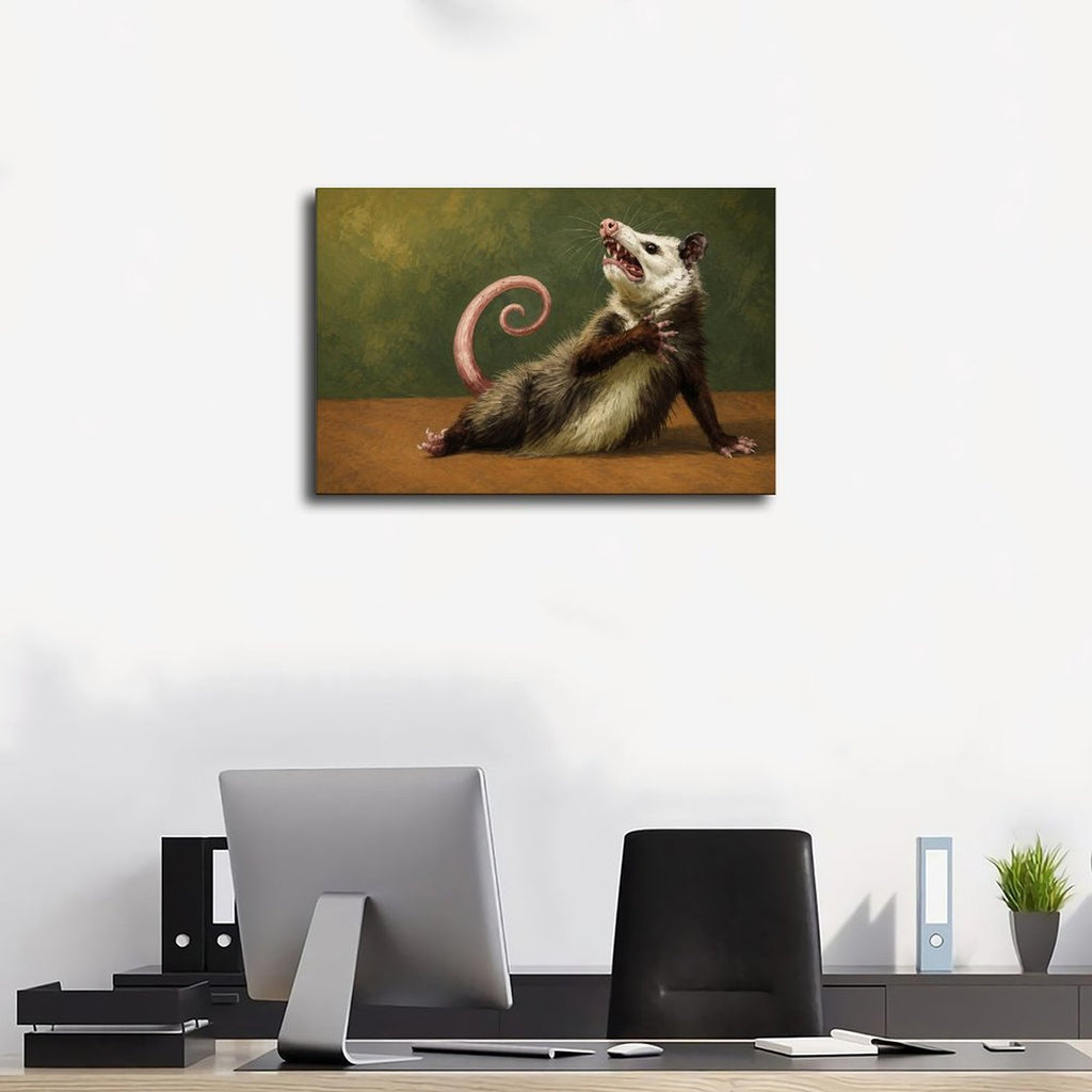 hissing opossum with a curled pink tail in olive green, brown, cream tones — Wrapped Canvas SCENE_01