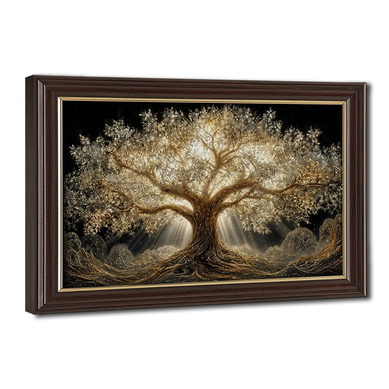 luminous golden tree with sprawling roots and branches in gold, black, warm white tones — Wood Grain Gold Frame HERO