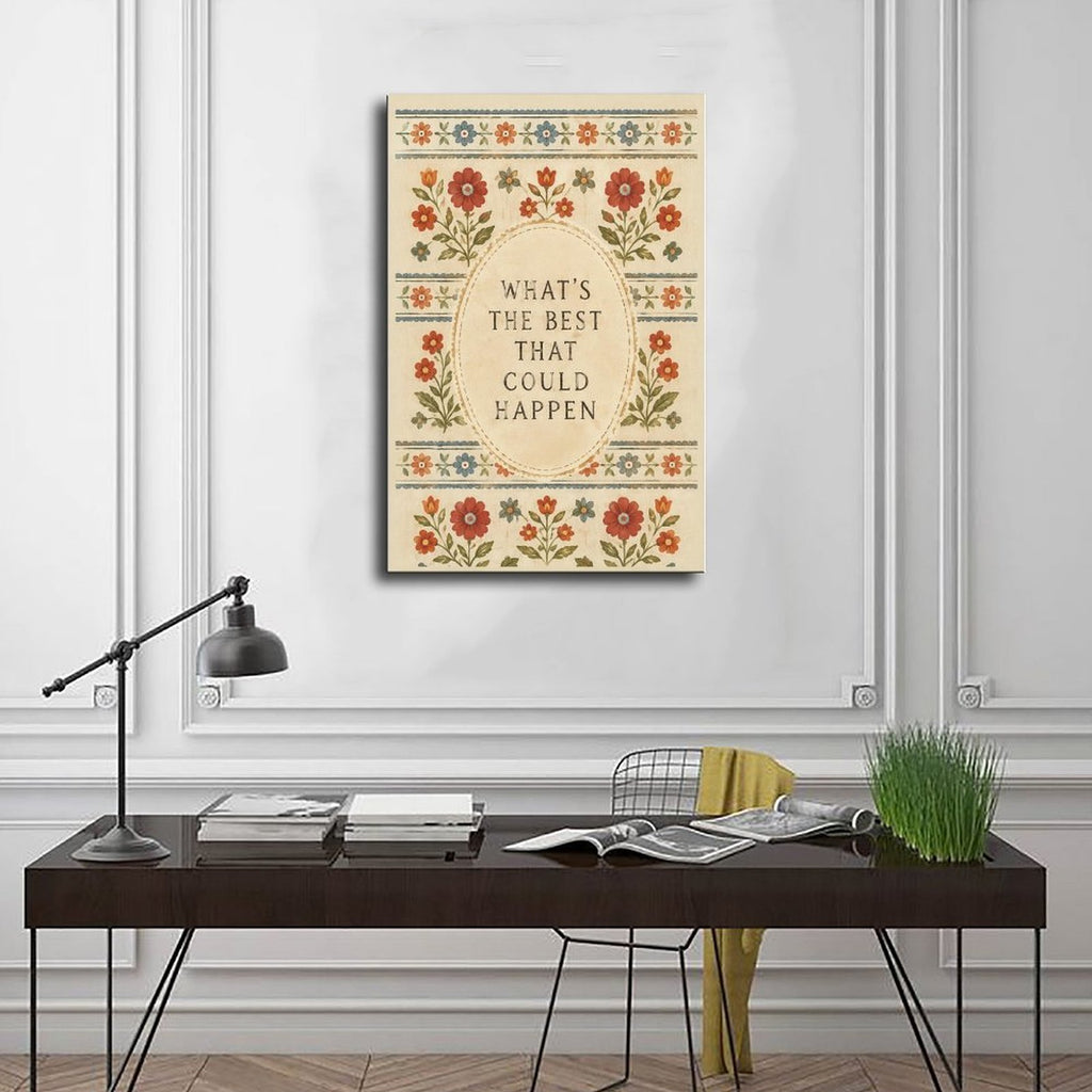 muted floral folk-art border around optimistic typography in rust, dusty blue, olive green tones — Wrapped Canvas SCENE_01