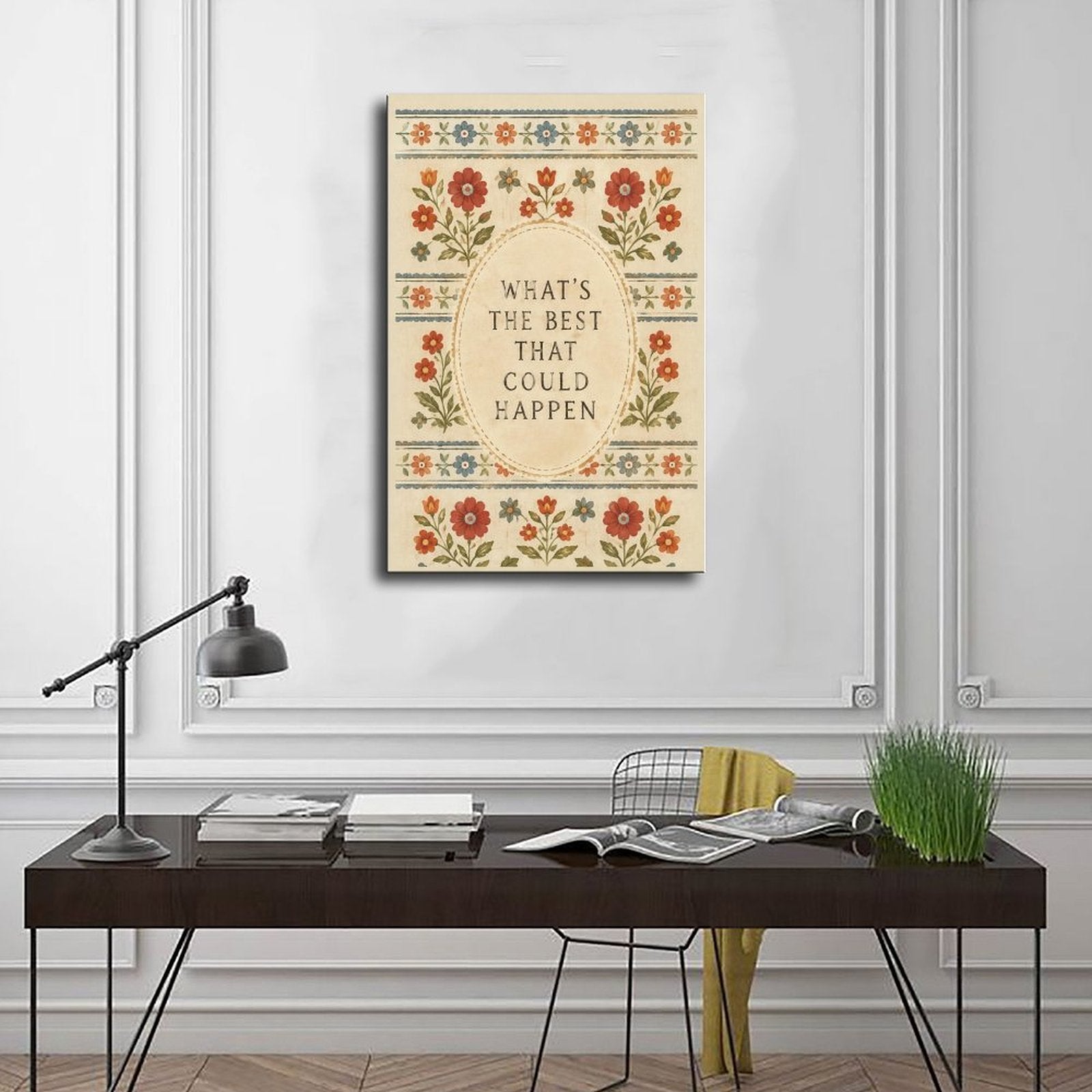 muted floral folk-art border around optimistic typography in rust, dusty blue, olive green tones — Wrapped Canvas SCENE_01
