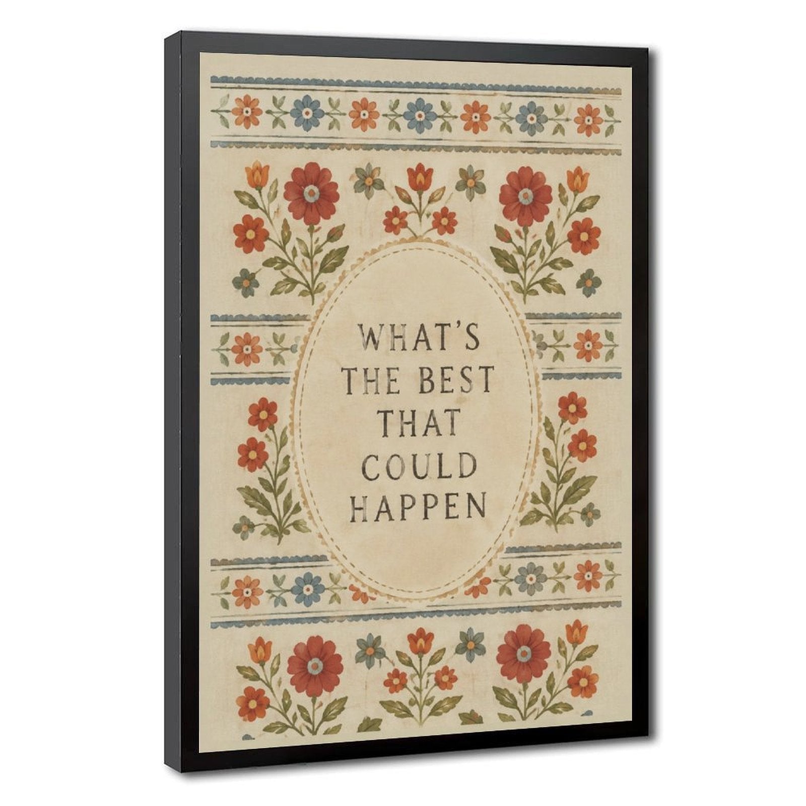 muted floral folk-art border around optimistic typography in rust, dusty blue, olive green tones — Black Frame HERO