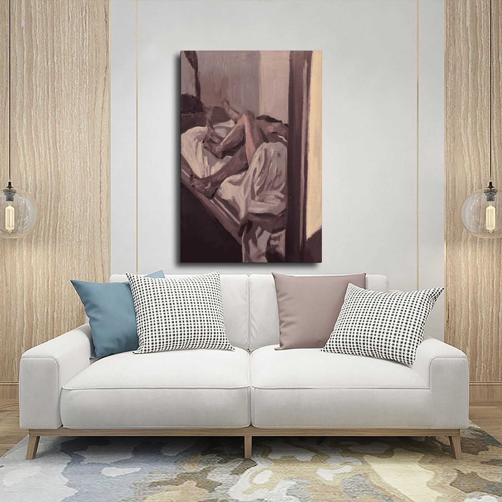 abstract seated figure in muted brown tones in abstract figurative art style — Wrapped Canvas SCENE_03