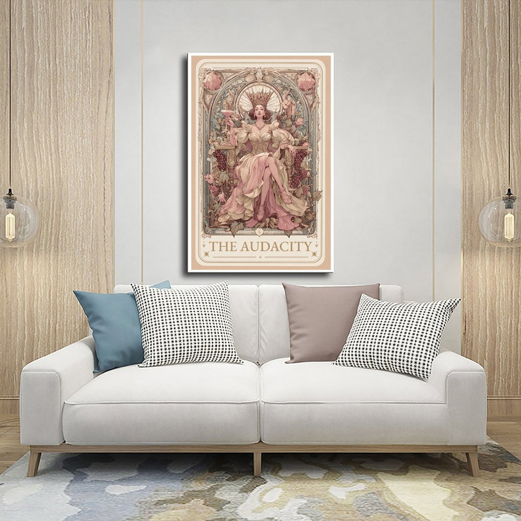 ornate crowned woman seated on a throne in art nouveau-inspired illustration style — Wrapped Canvas SCENE_03