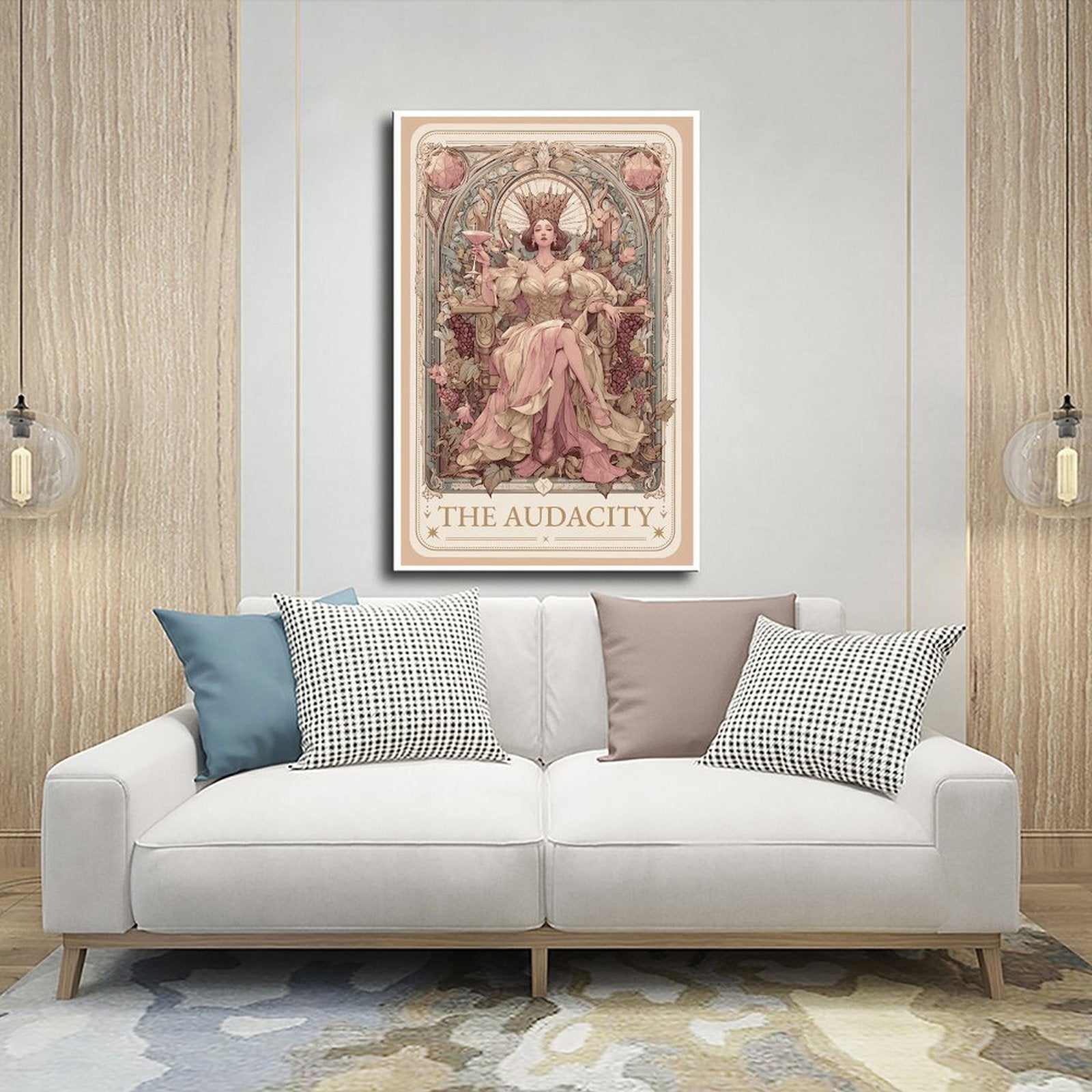 ornate crowned woman seated on a throne in art nouveau-inspired illustration style — Wrapped Canvas SCENE_03