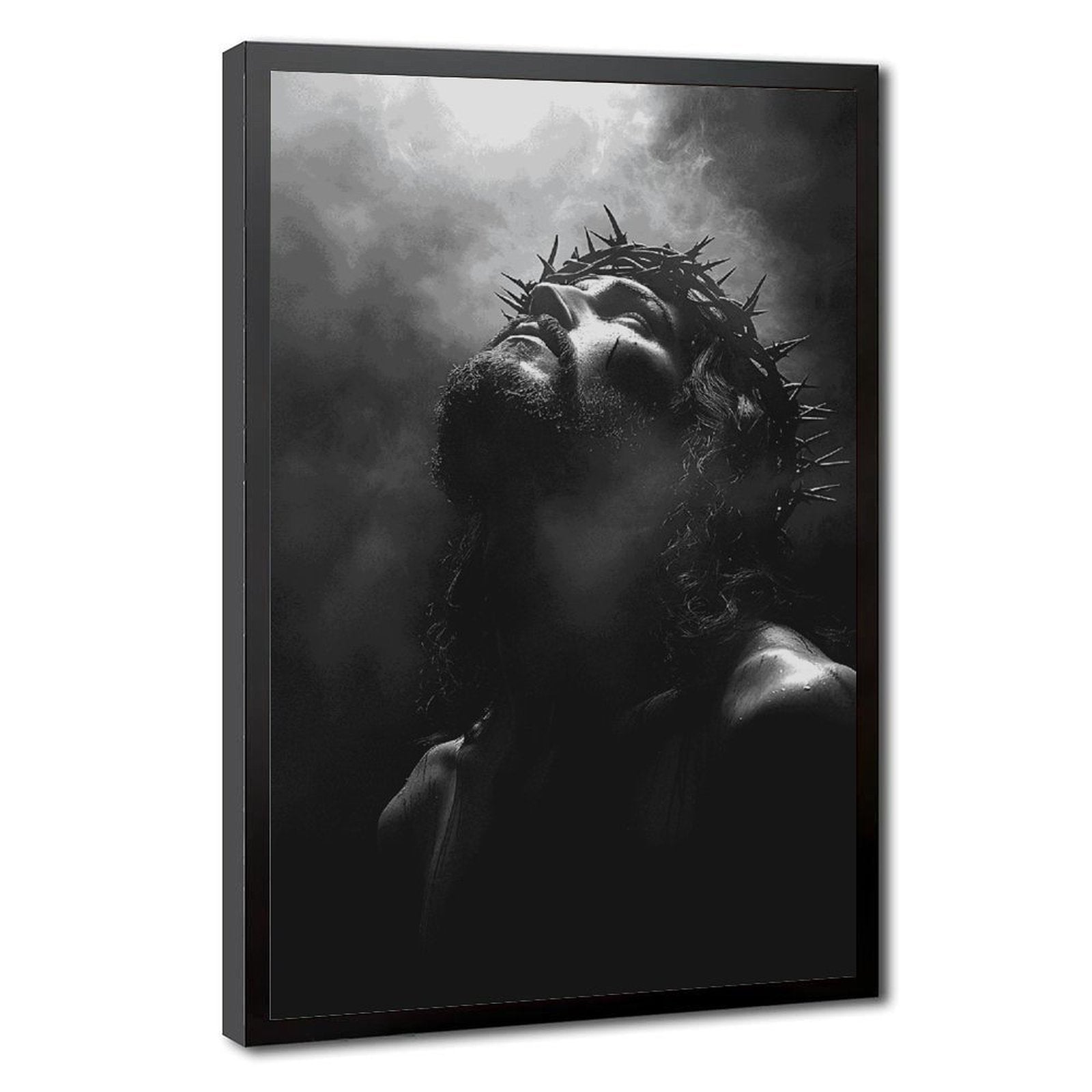 solemn man wearing a crown of thorns in prayer in religious portrait art style — Black Frame HERO