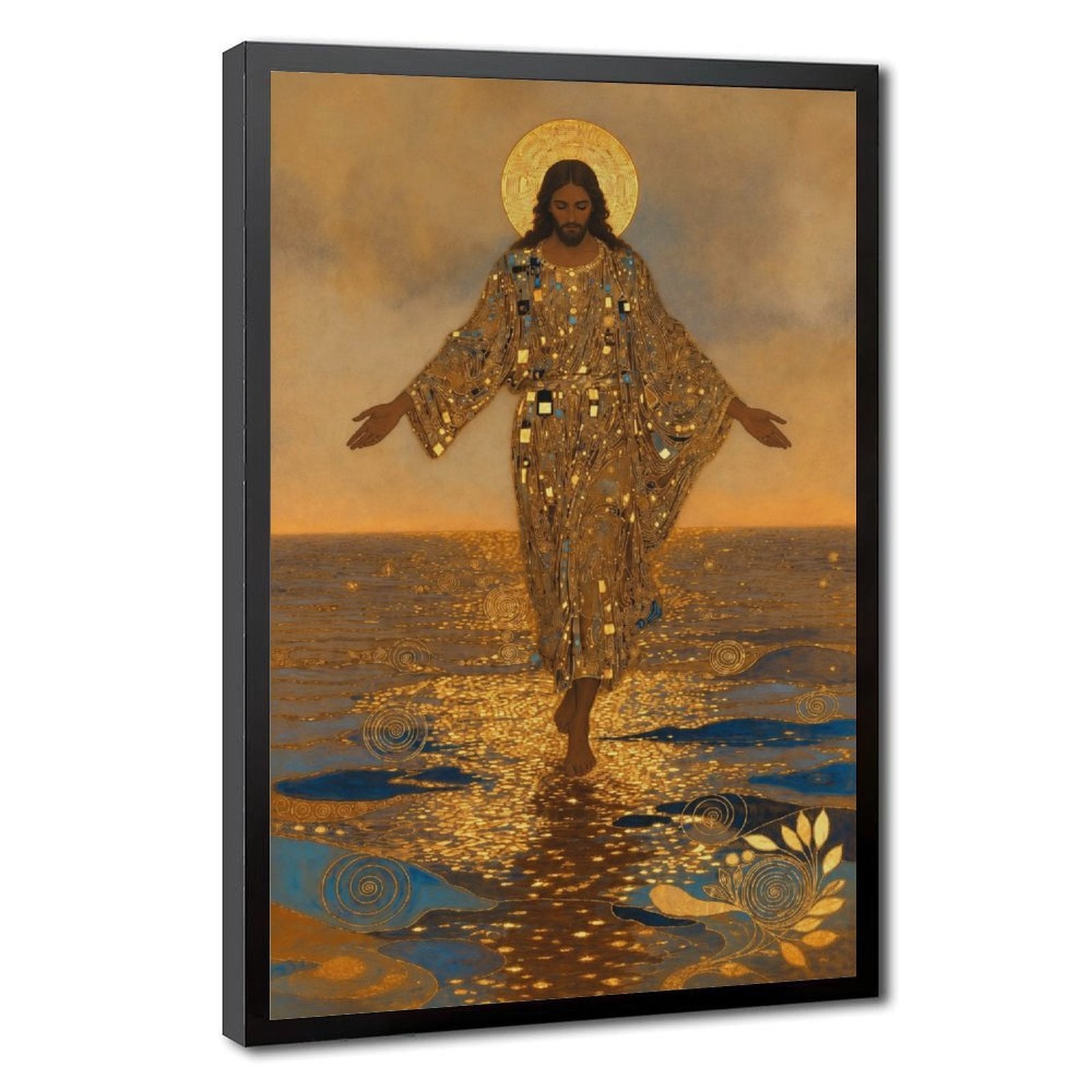 haloed sacred figure walking across reflective water in gold, deep blue, warm brown tones — Black Frame HERO