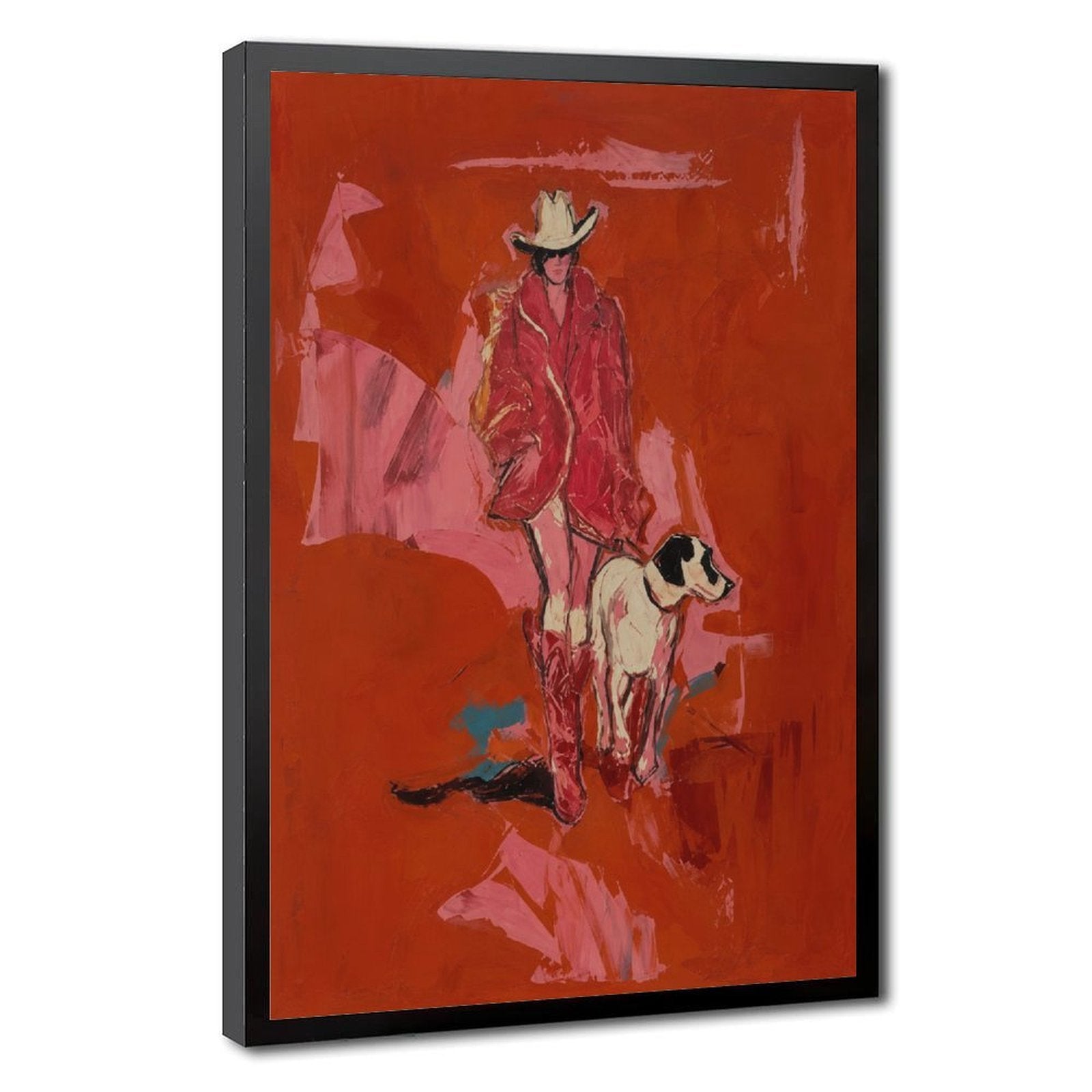 Expressive red cowboy walking beside a black-and-white hound on a painterly red background — Black Frame HERO