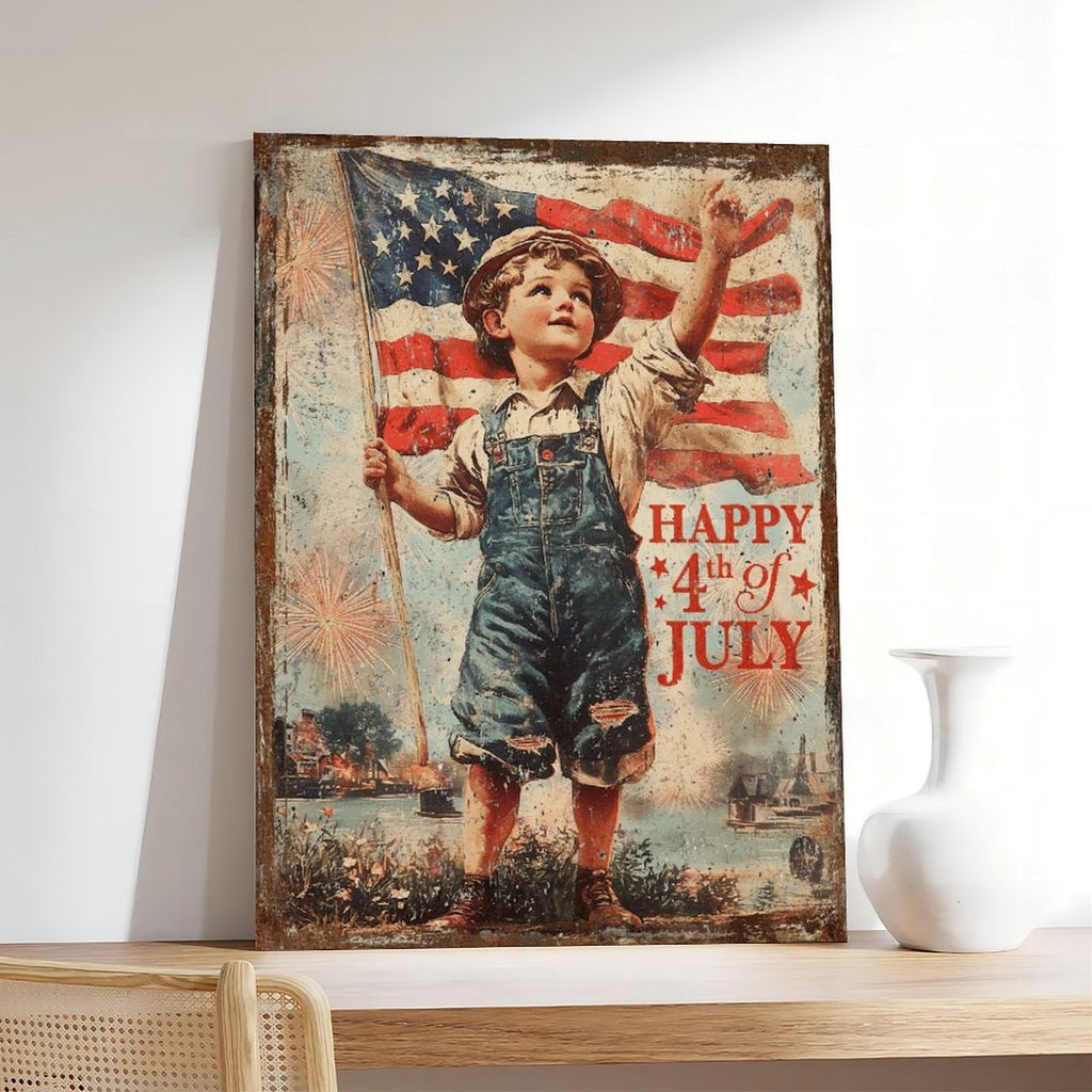 vintage patriotic boy holding an American flag in vintage illustration style — Wrapped Canvas SCENE_05