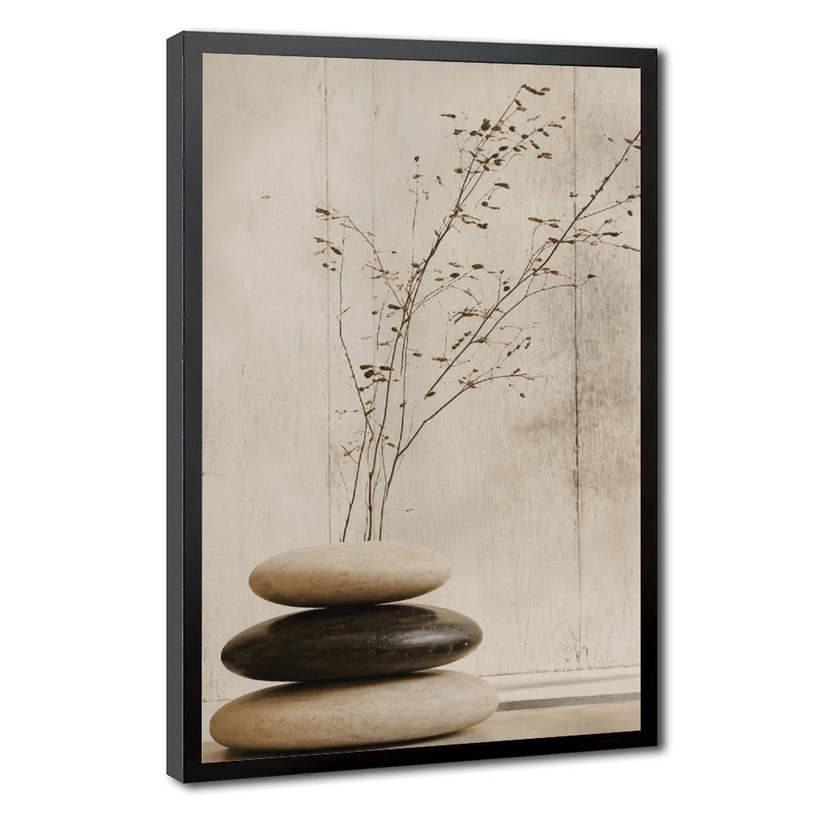 stacked smooth stones with a sparse dried branch in cream, taupe, charcoal tones — Black Frame HERO