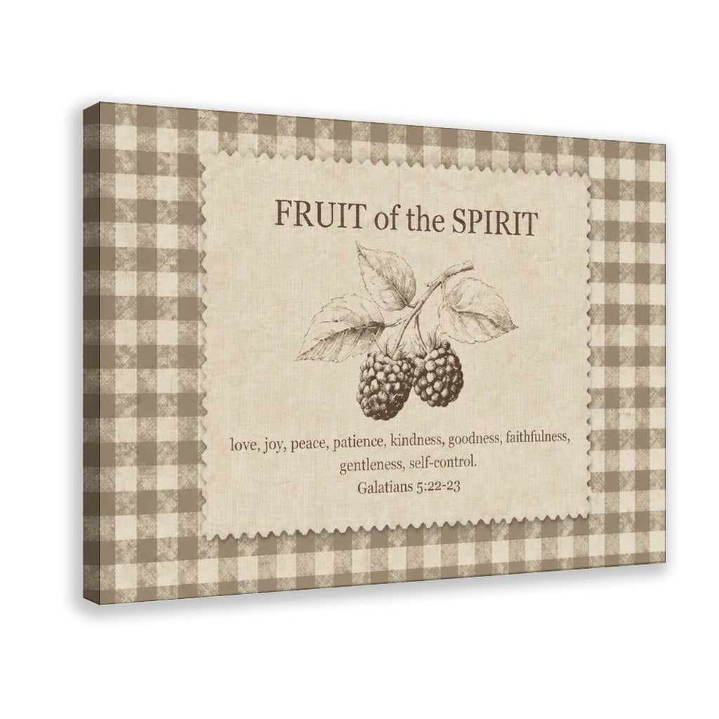 Fruit of the Spirit scripture typography with berry illustration in taupe, cream, brown tones — Wrapped Canvas HERO